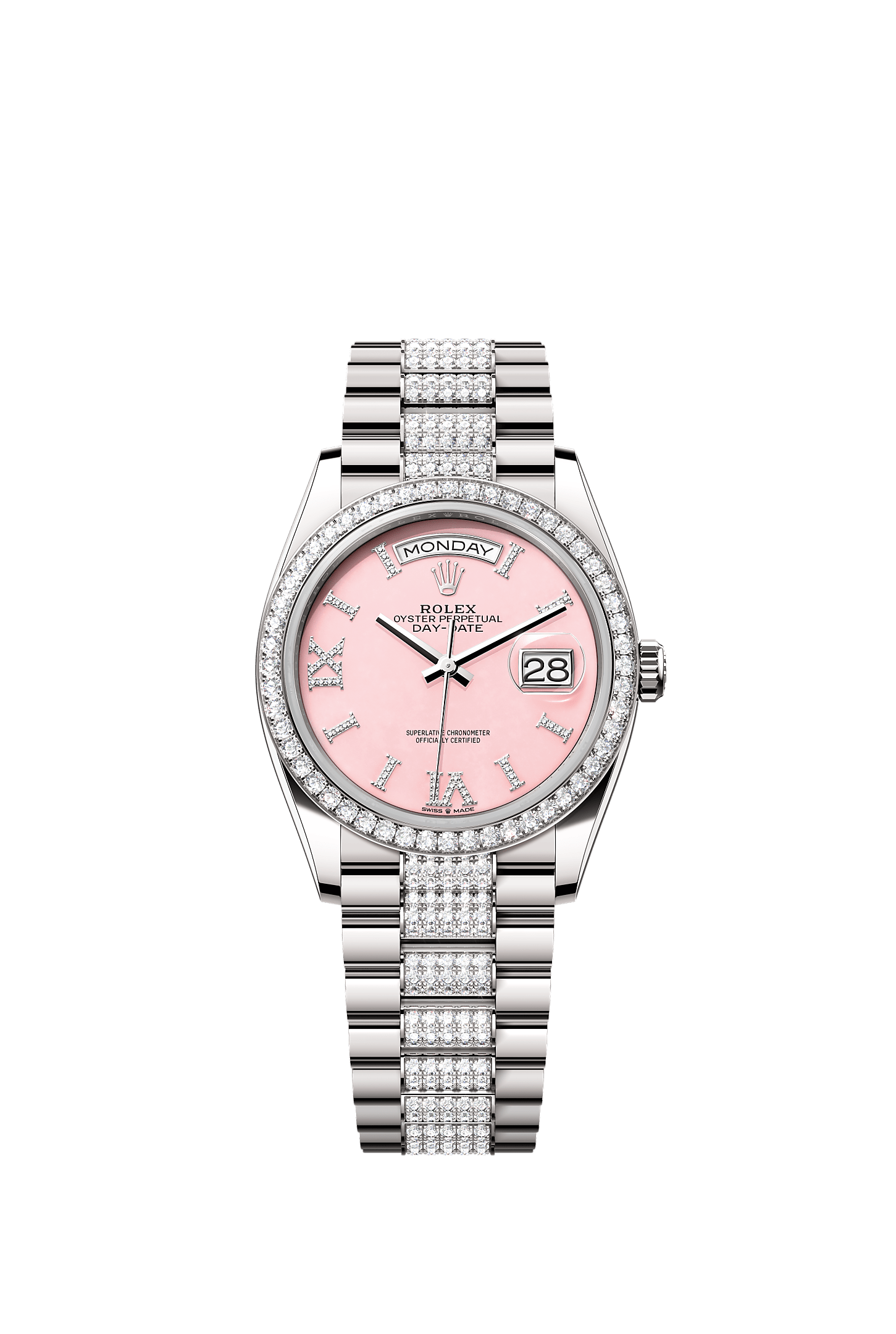Day-Date 36, Oyster, 36 mm, white gold and diamonds, Dial : Pink opal set with diamonds, Rolex