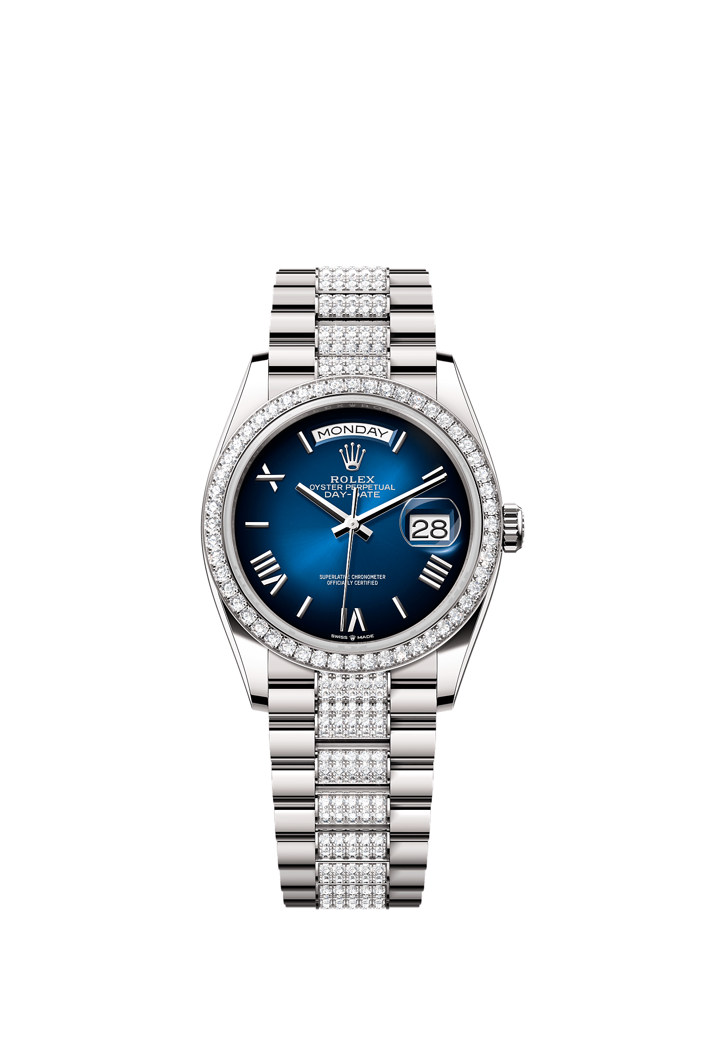 Day-Date 36, Oyster, 36 mm, white gold and diamonds, Dial : Blue ombré, Rolex