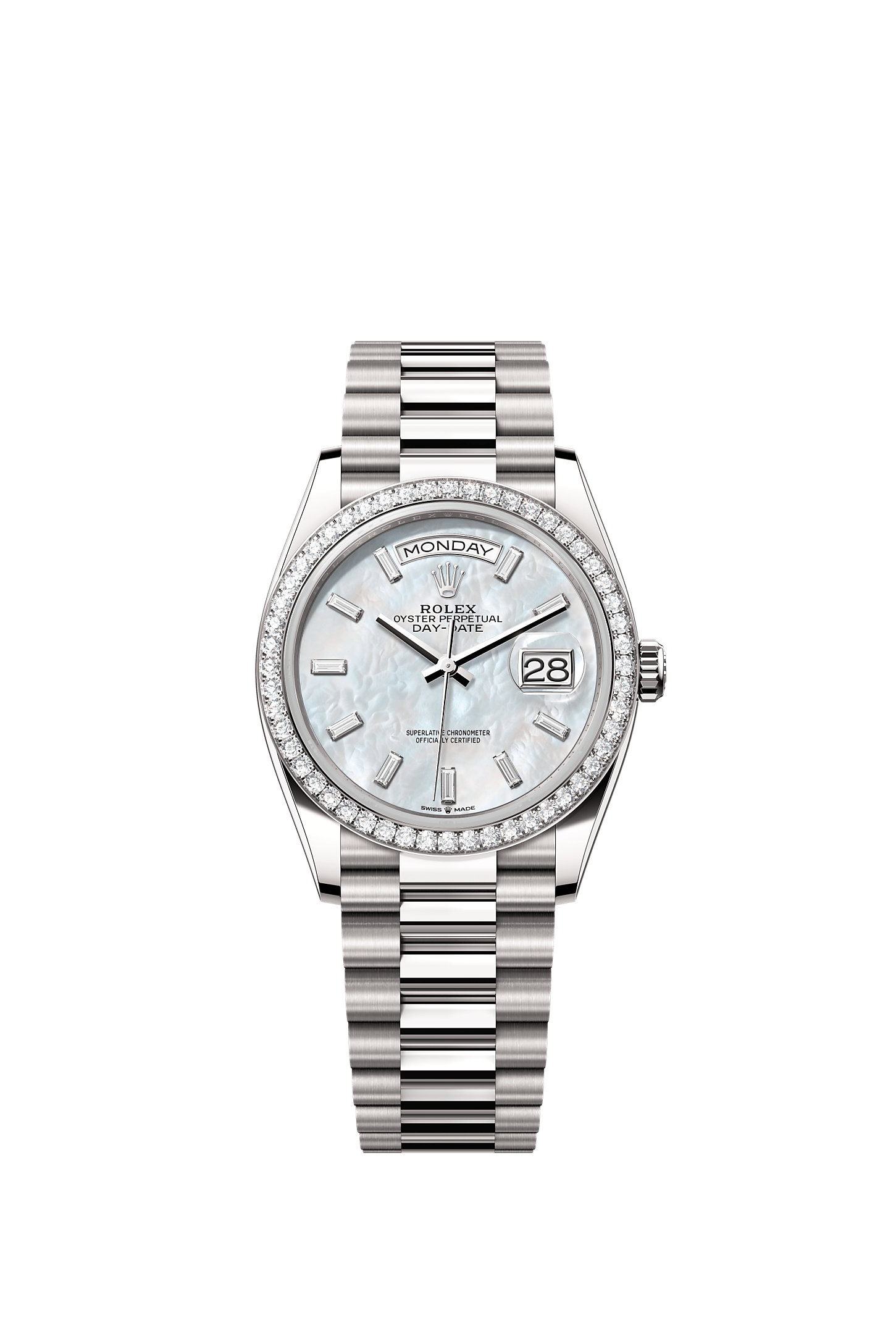 Day-Date 36, Oyster, 36 mm, white gold and diamonds, Dial : White mother-of-pearl set with diamonds, Rolex