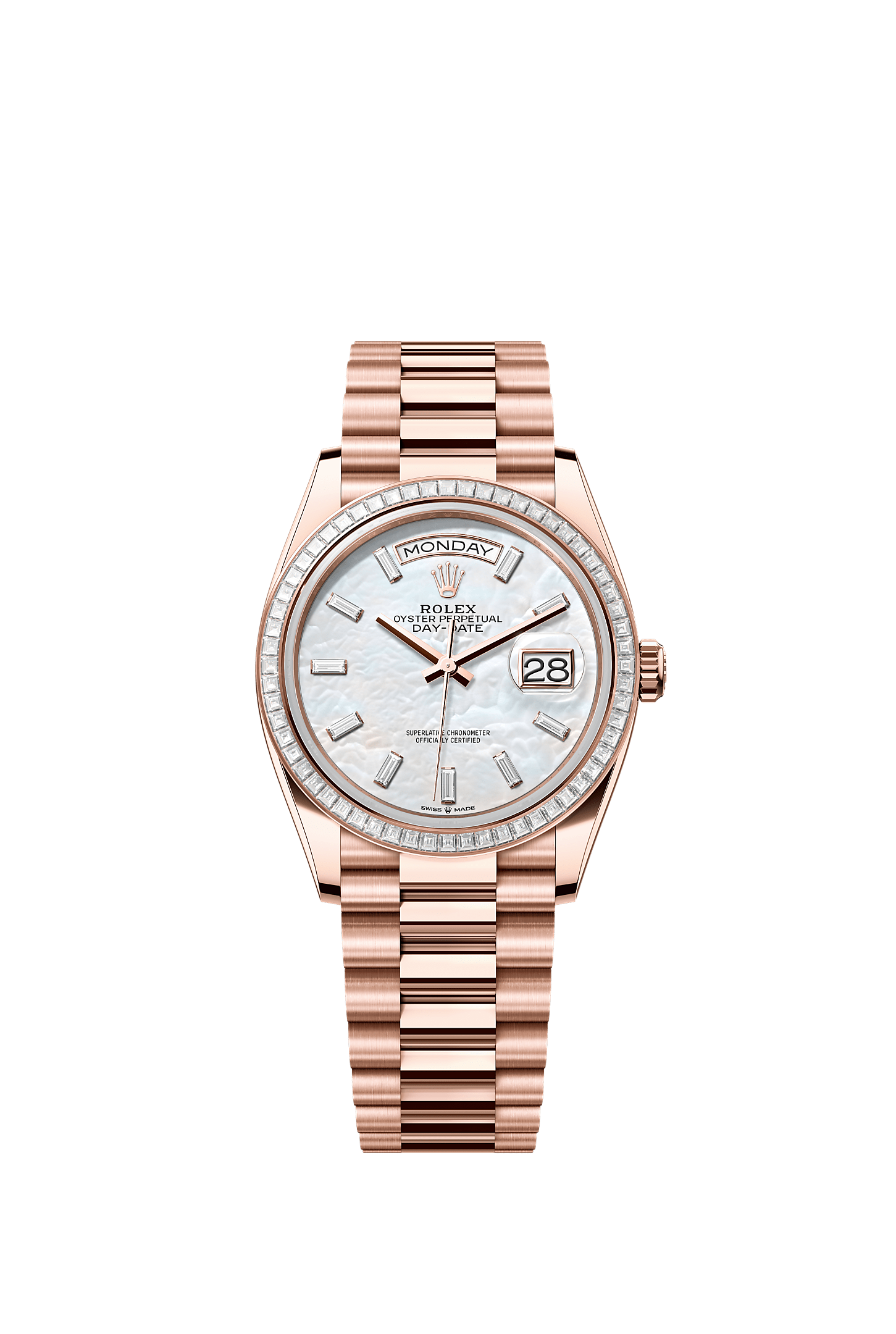 Day-Date 36, Oyster, 36 mm, Everose gold and diamonds, Dial : White mother-of-pearl set with diamonds, Rolex