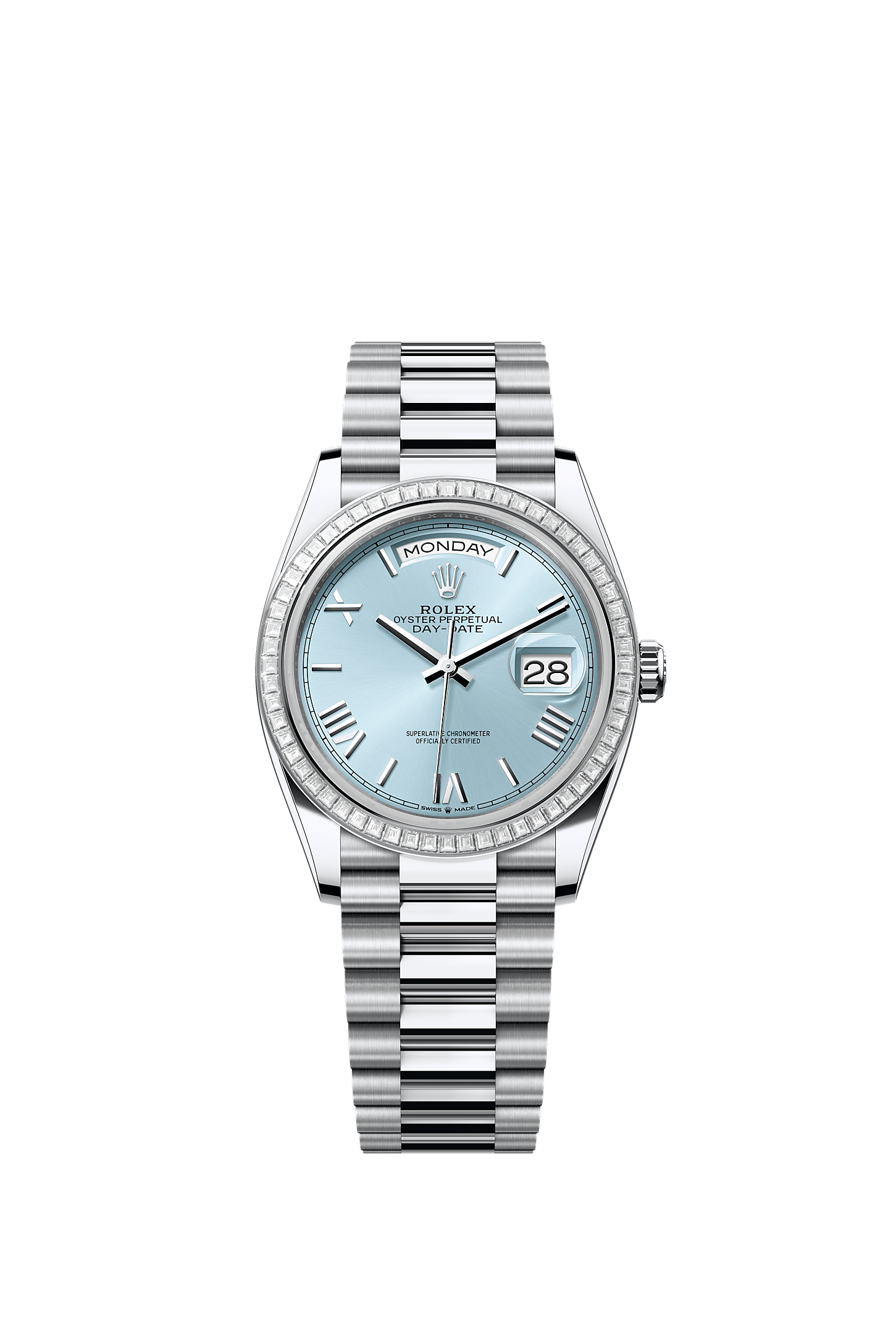 星期日历型 36, 蚝式，36毫米，钻石及铂金, 表盘 : 冰蓝色, Rolex