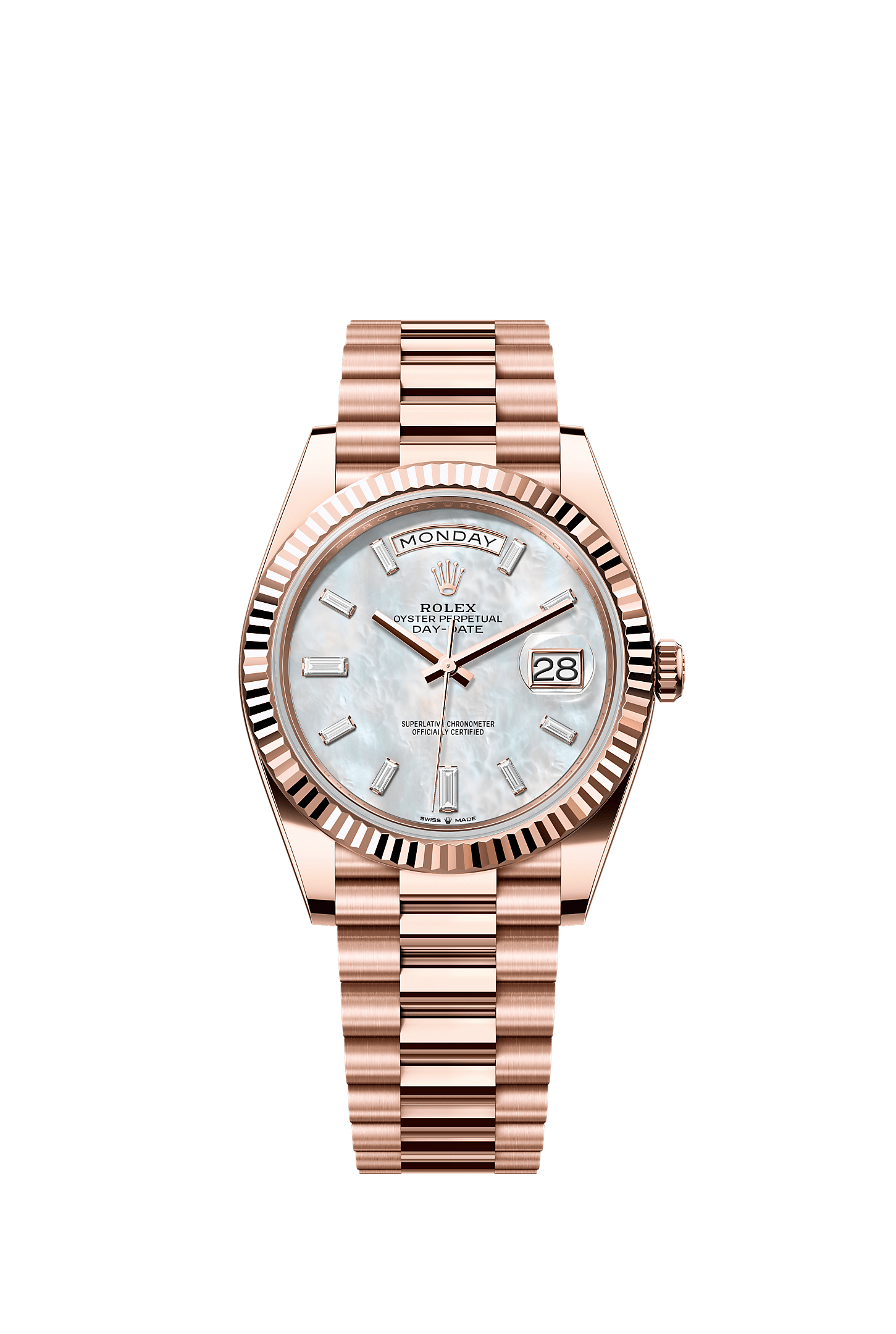 Day-Date 40, Oyster, 40 mm, Everose gold, Dial : White mother-of-pearl set with diamonds, Rolex
