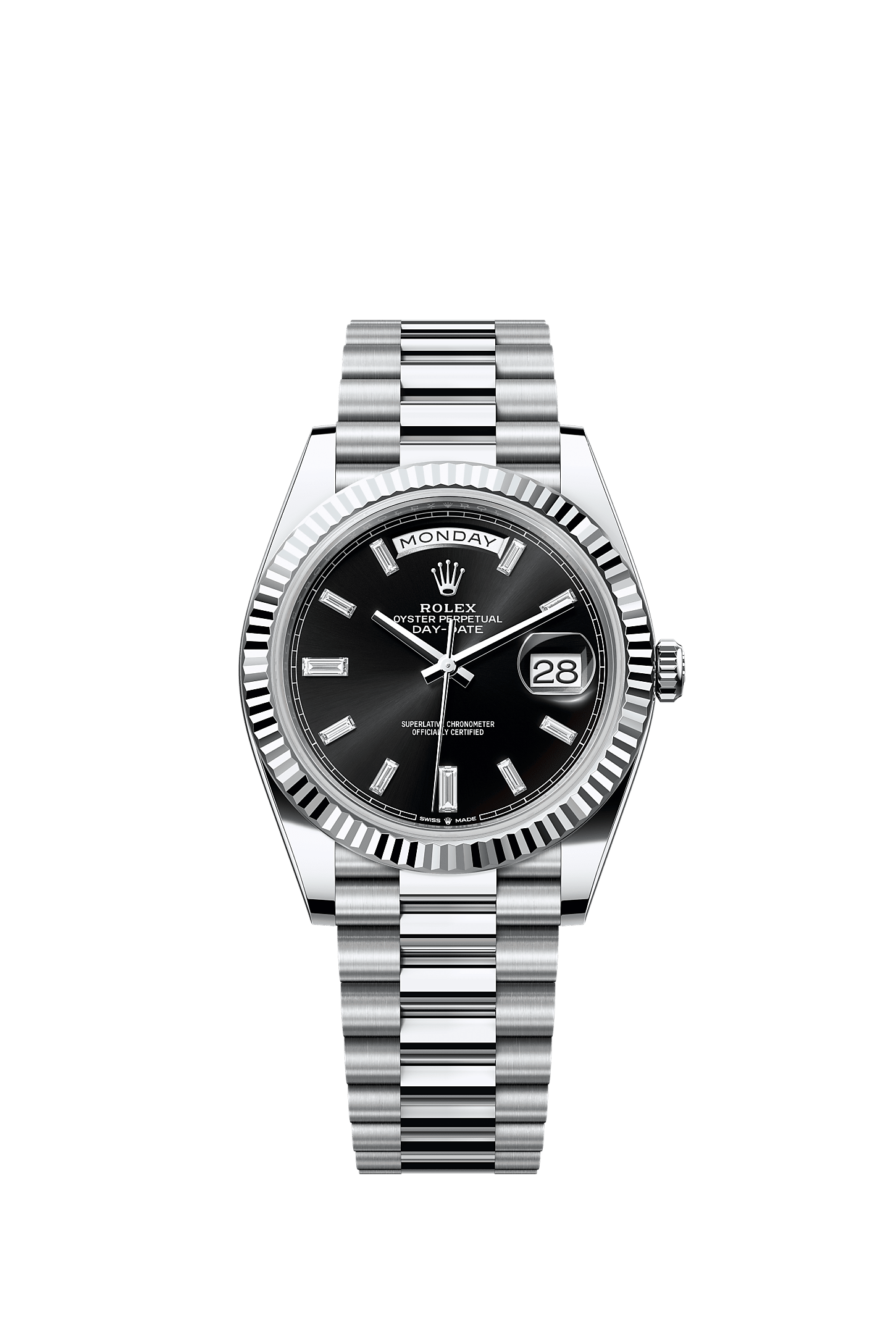 Day-Date 40, Oyster, 40 mm, platinum, Dial : Bright black set with diamonds, Rolex