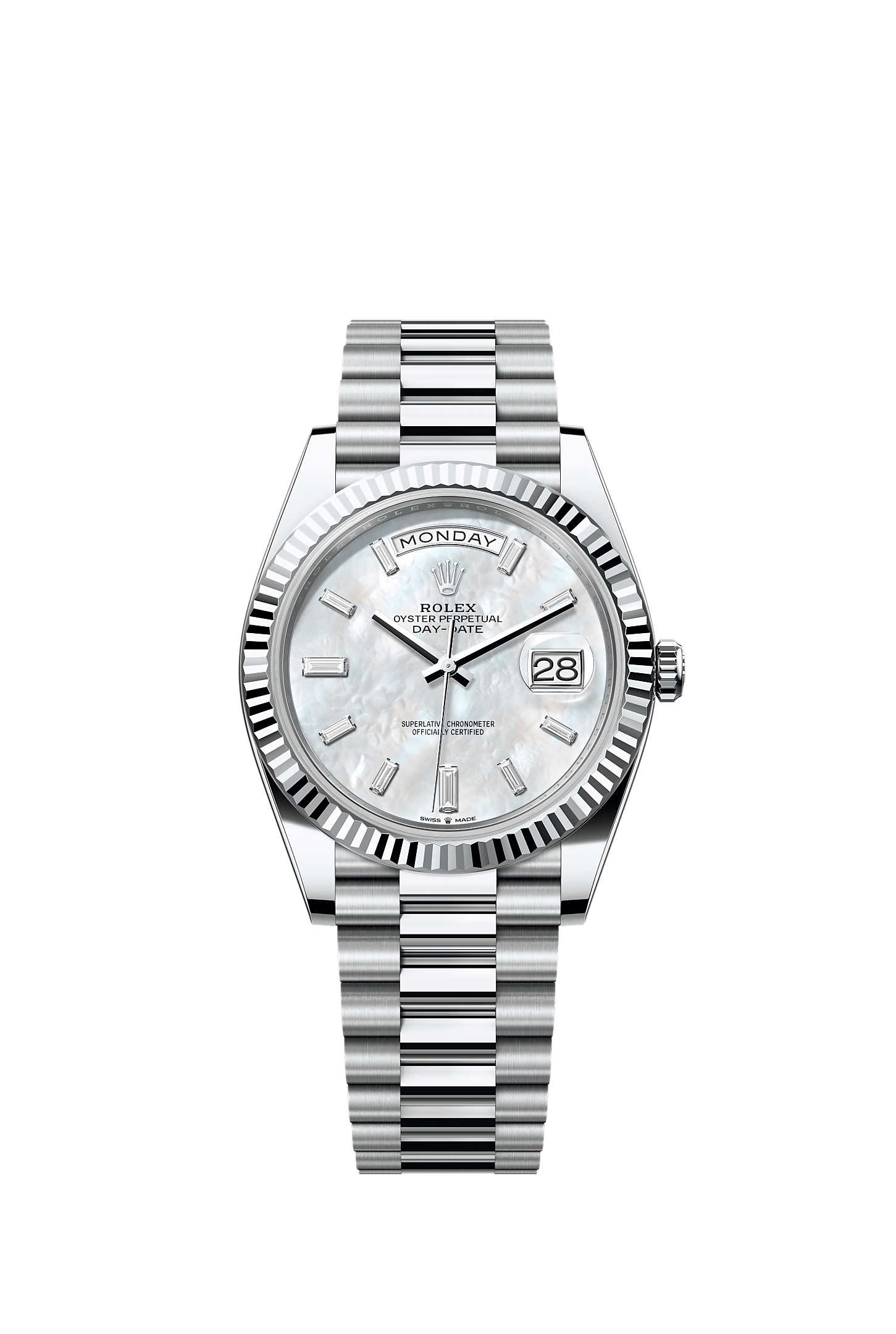 Day-Date 40, Oyster, 40 mm, platinum, Dial : White mother-of-pearl set with diamonds, Rolex