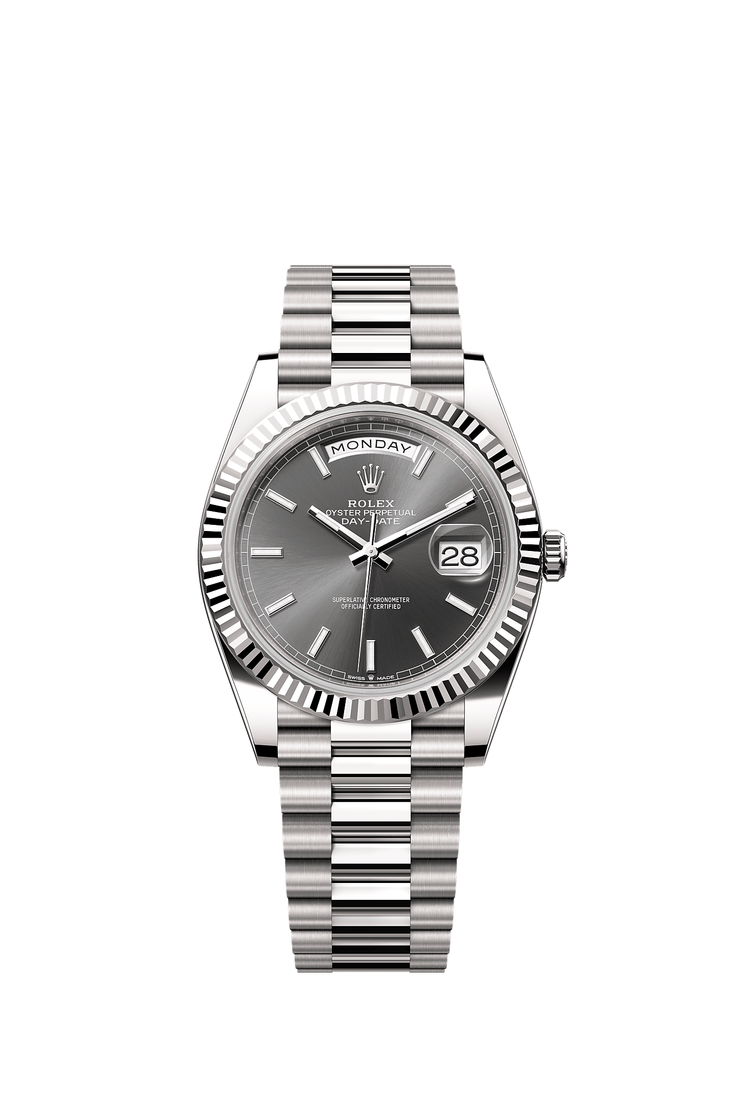 星期日历型 40, 蚝式，40毫米，白色黄金, 表盘 : 石板灰色, Rolex