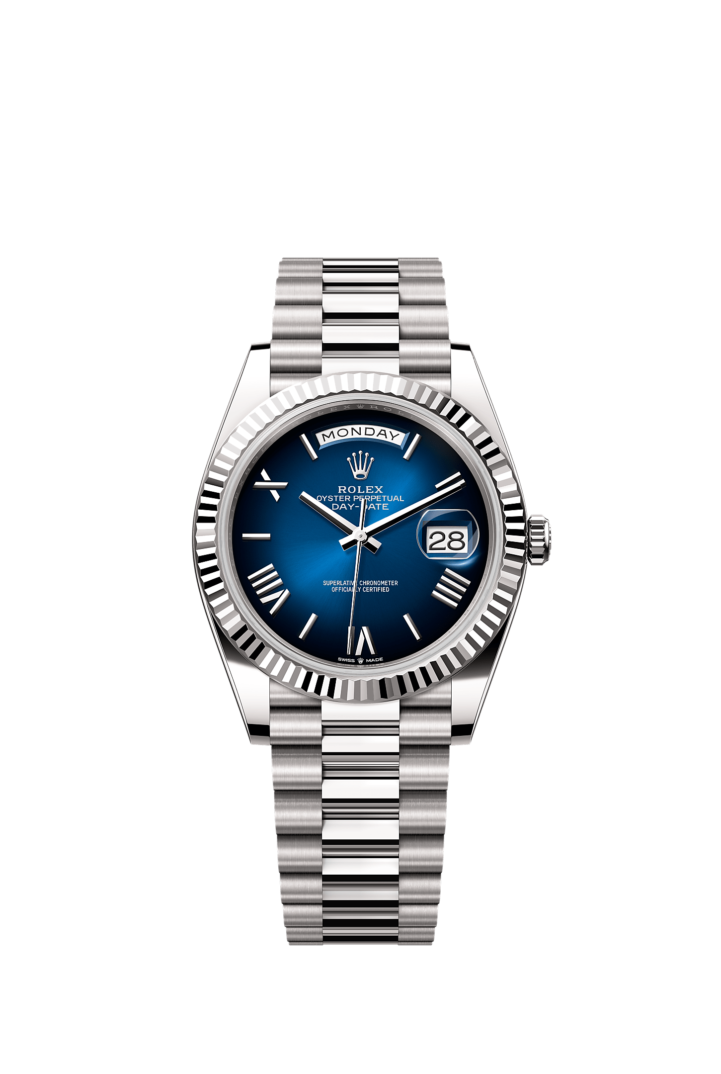 星期日历型 40, 蚝式，40毫米，白色黄金, 表盘 : 渐变蓝色, Rolex