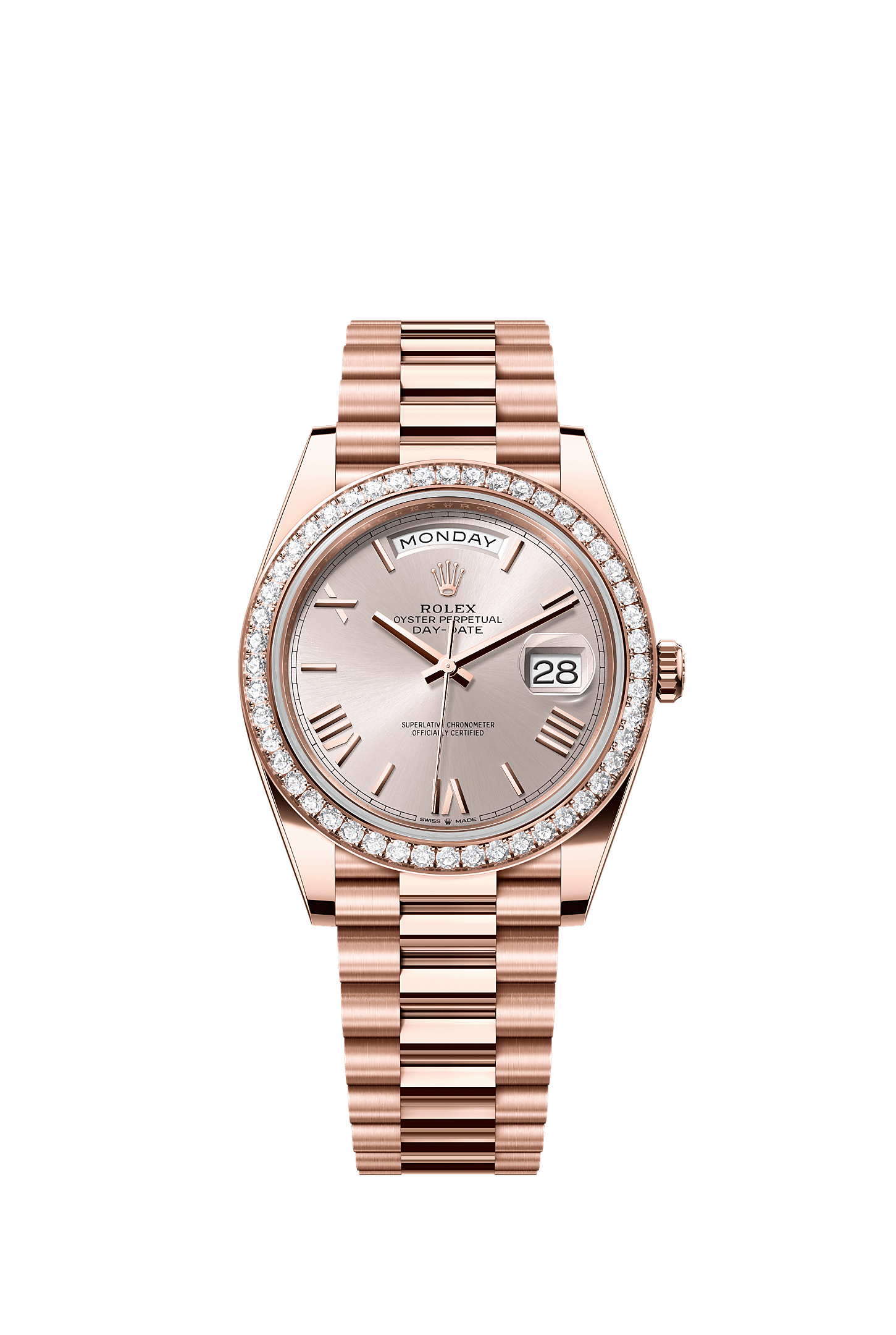 Day-Date 40, Oyster, 40 mm, Everose gold and diamonds, Dial : Sundust, Rolex