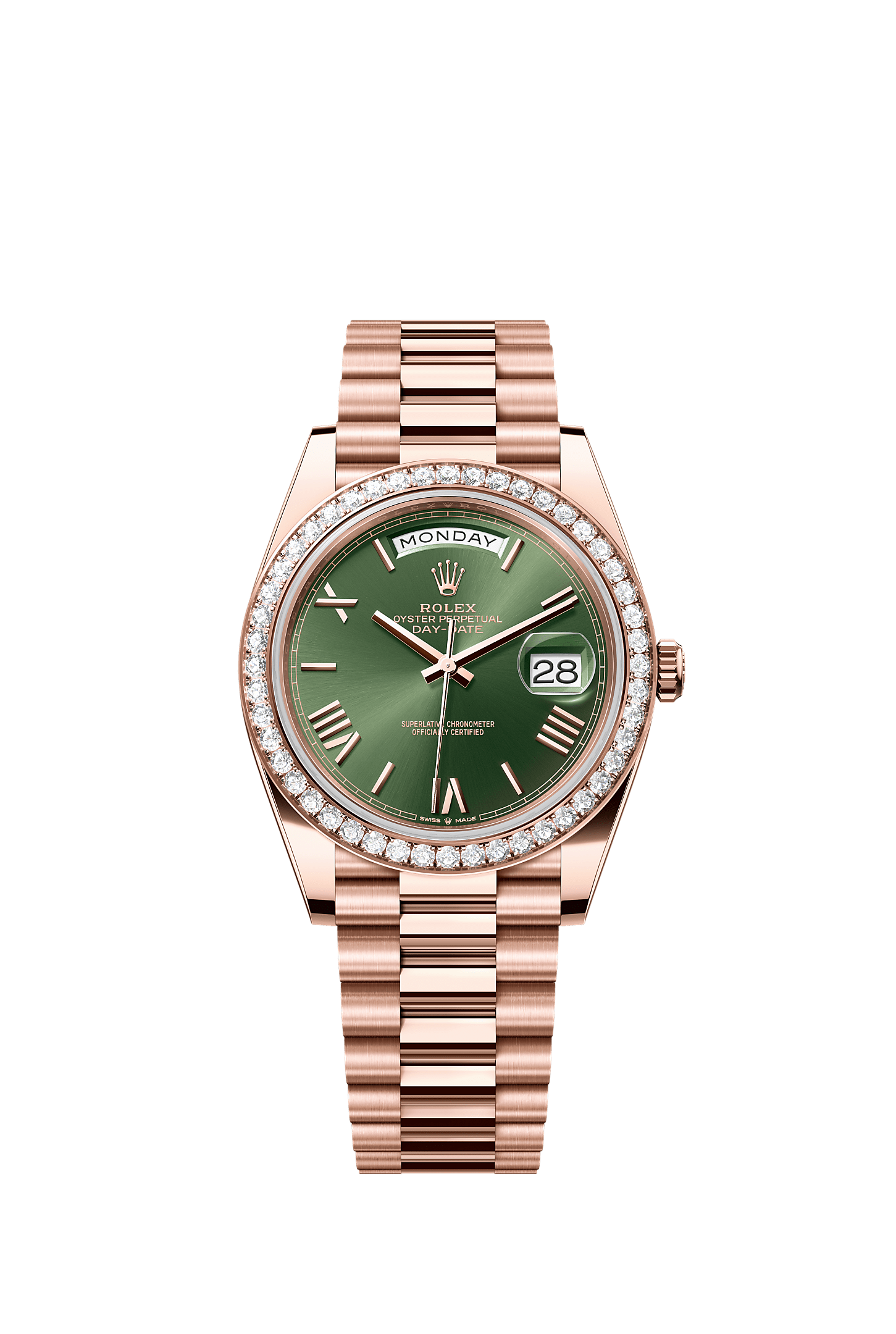 星期日历型 40, 蚝式，40毫米，钻石及永恒玫瑰金, 表盘 : 橄榄绿色, Rolex