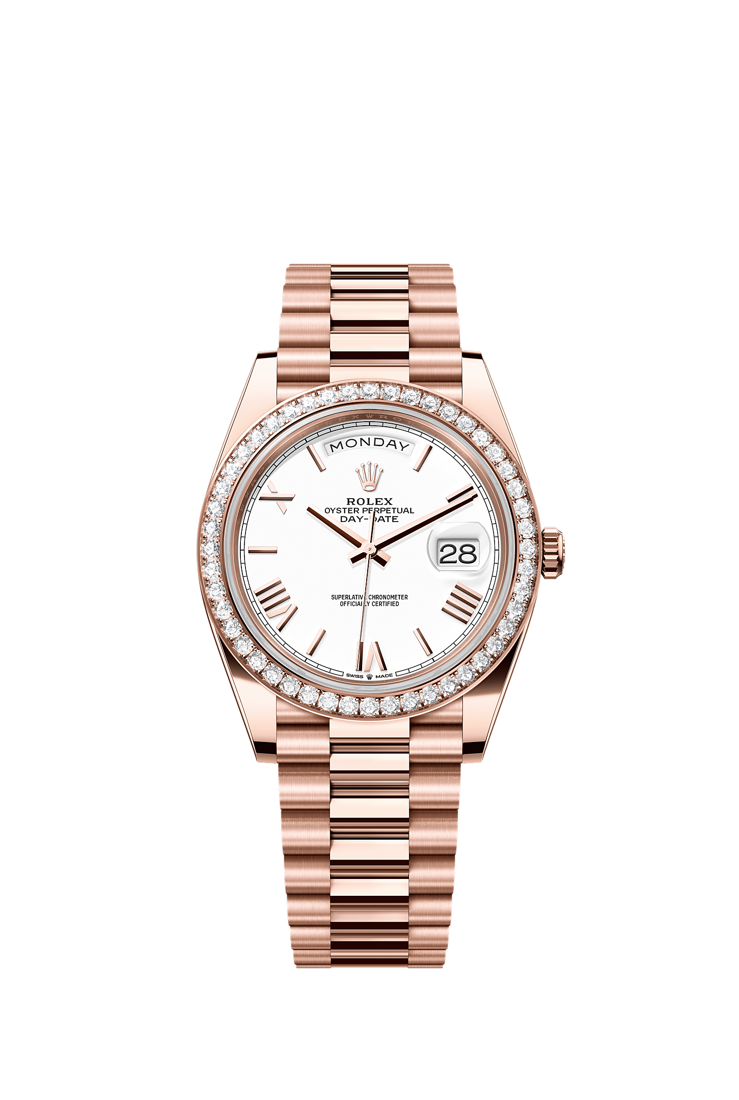 星期日历型 40, 蚝式，40毫米，钻石及永恒玫瑰金, 表盘 : 白色, Rolex
