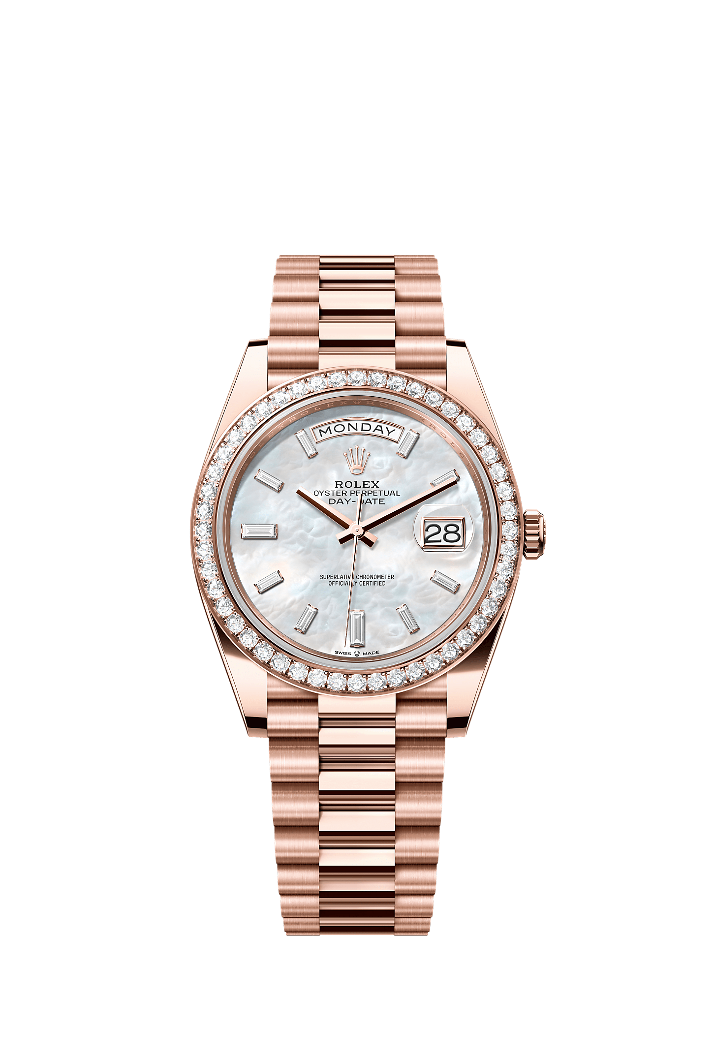 Day-Date 40, Oyster, 40 mm, Everose gold and diamonds, Dial : White mother-of-pearl set with diamonds, Rolex