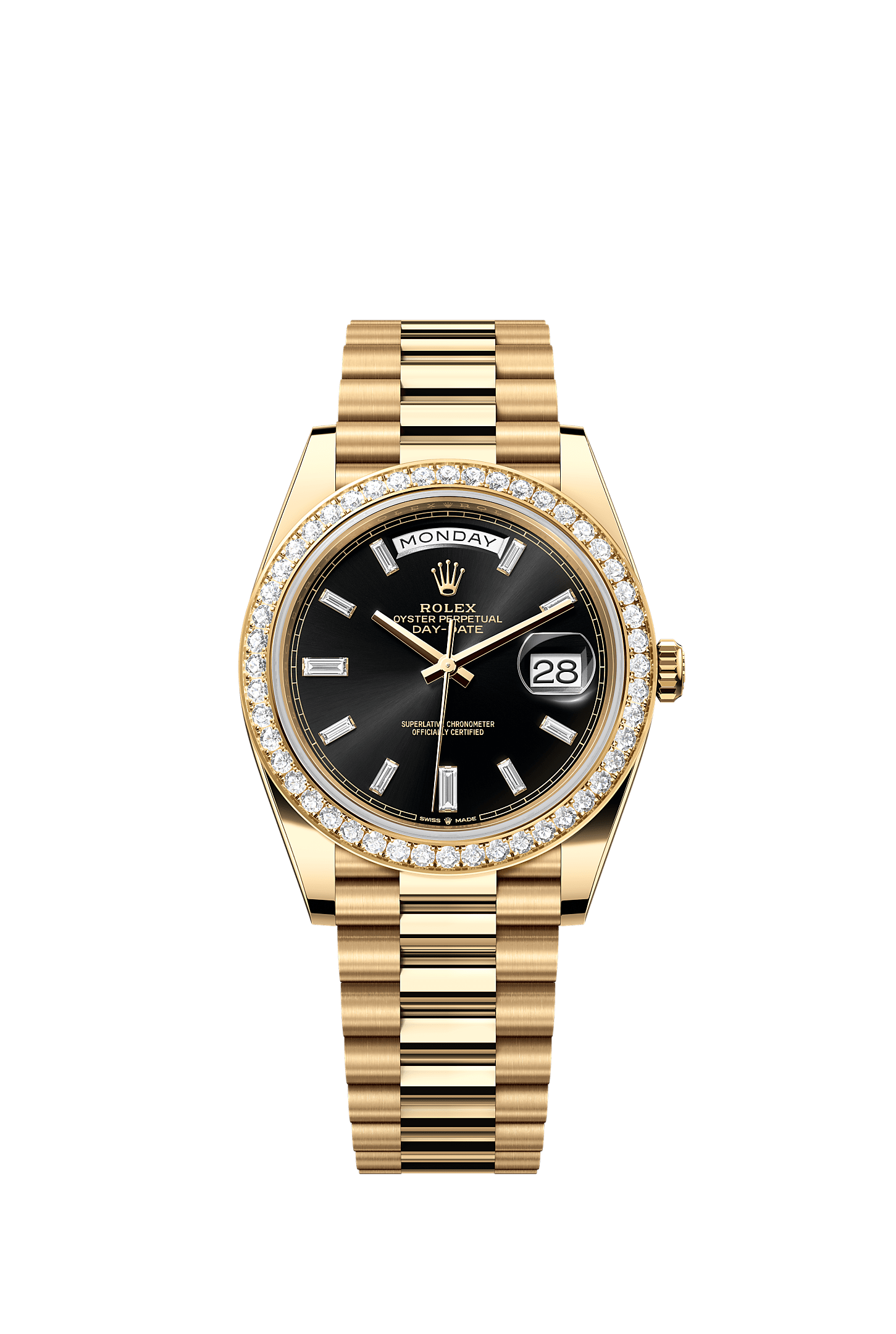 星期日历型 40, 蚝式，40毫米，钻石及黄金, 表盘 : 亮黑色，镶钻石, Rolex