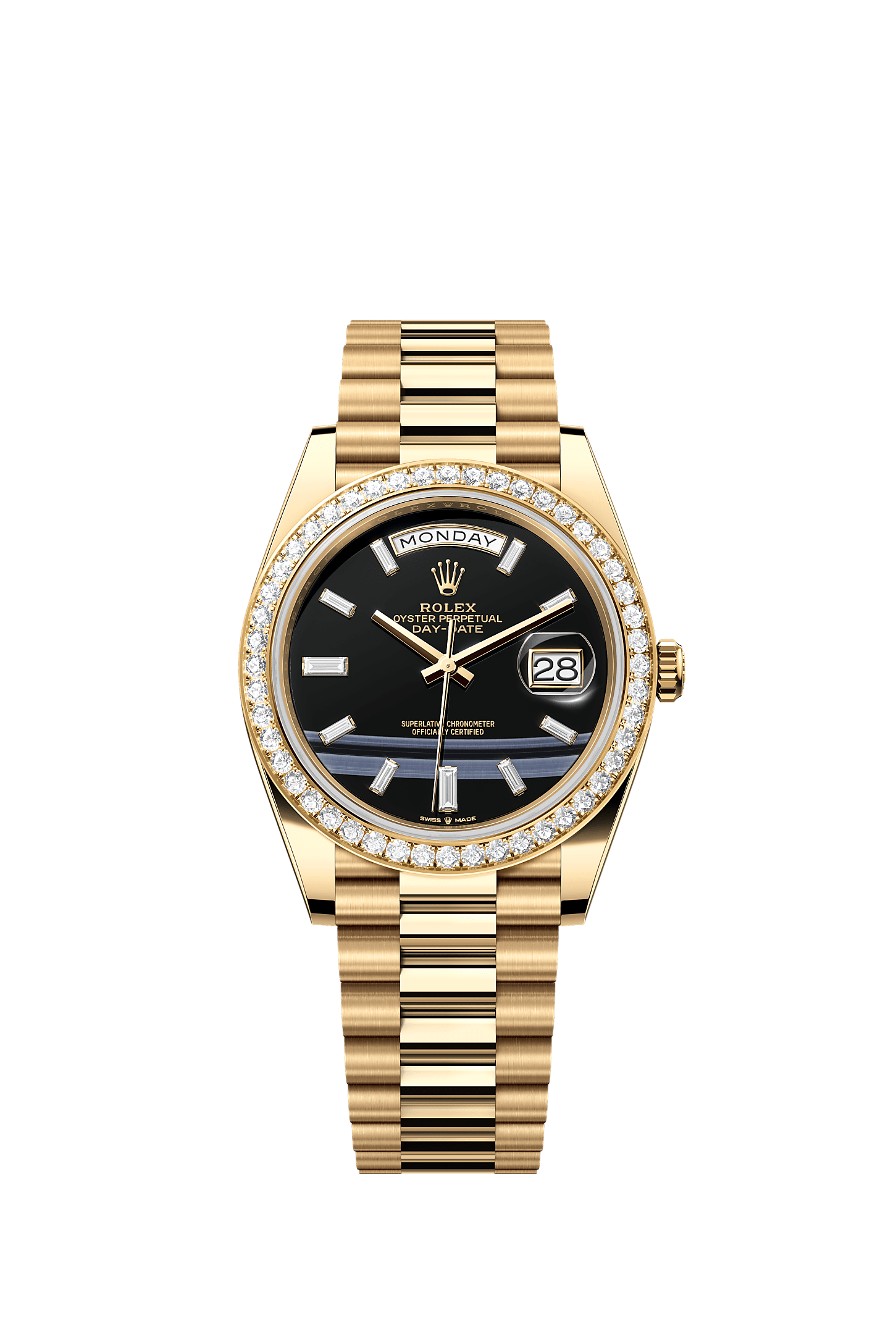 星期日历型 40, 蚝式，40毫米，钻石及黄金, 表盘 : 缟玛瑙，镶钻石, Rolex