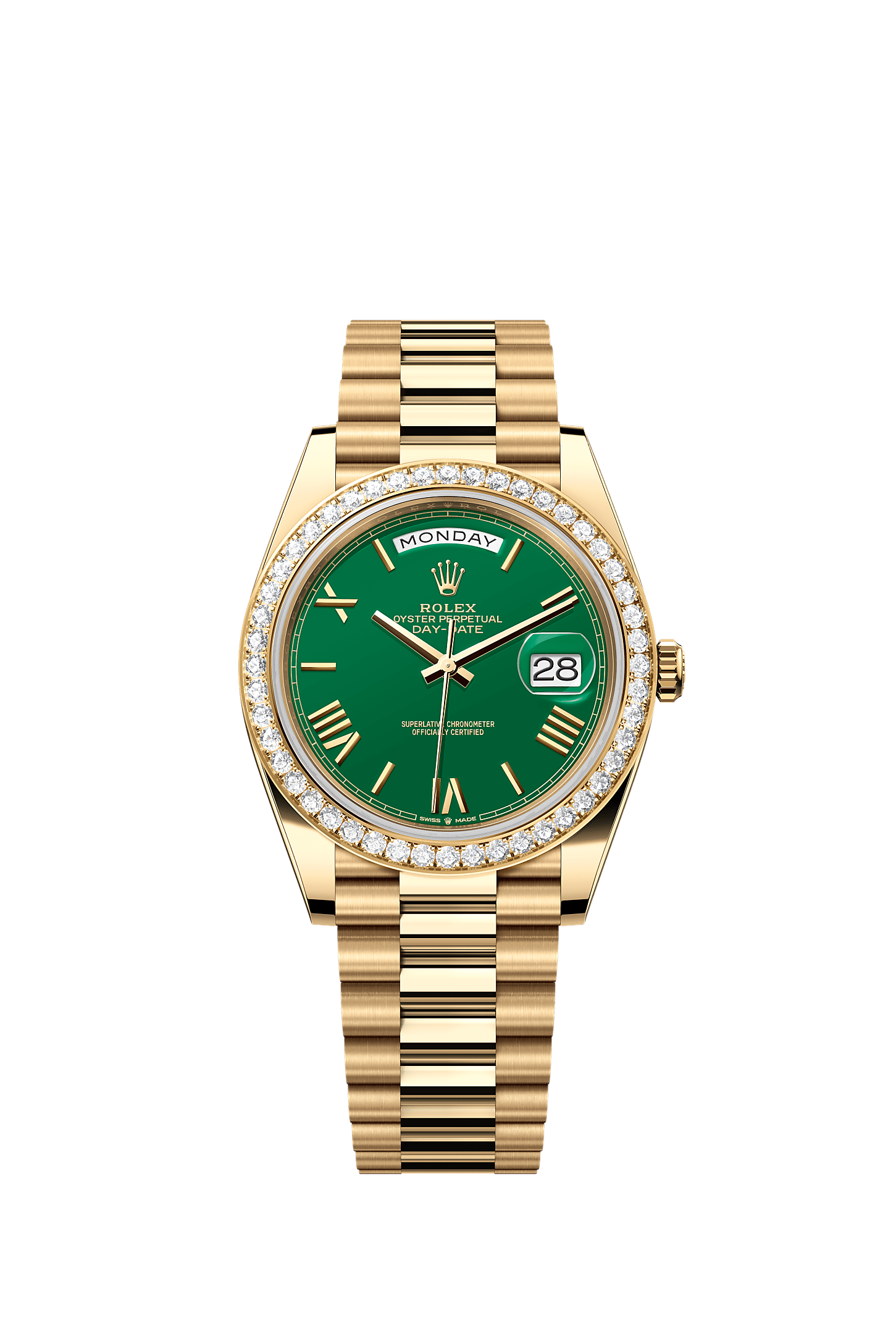 Day-Date 40, Oyster, 40 mm, yellow gold and diamonds, Dial : Green, Rolex