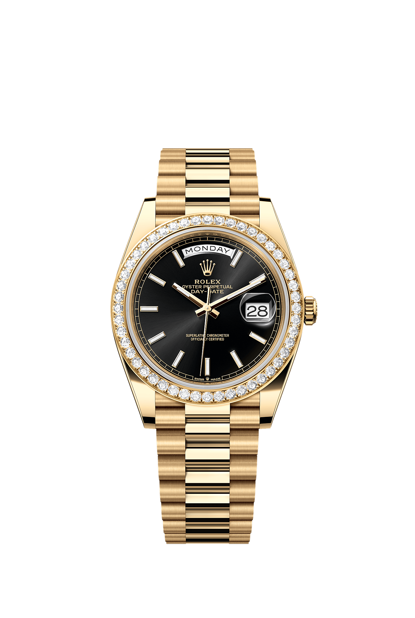 Day-Date 40, Oyster, 40 mm, yellow gold and diamonds, Dial : Bright black, Rolex