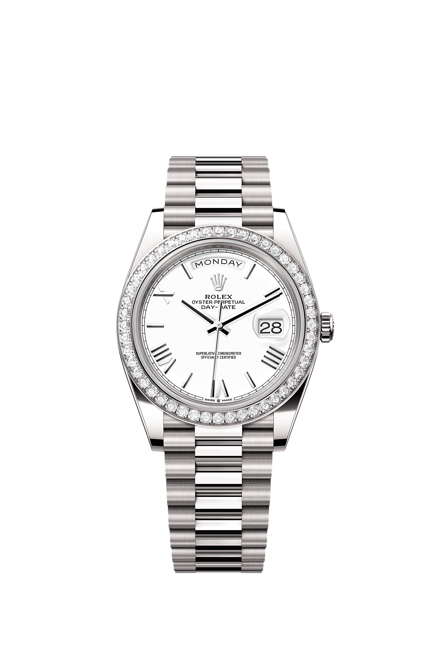 星期日历型 40, 蚝式，40毫米，钻石及白色黄金, 表盘 : 白色, Rolex