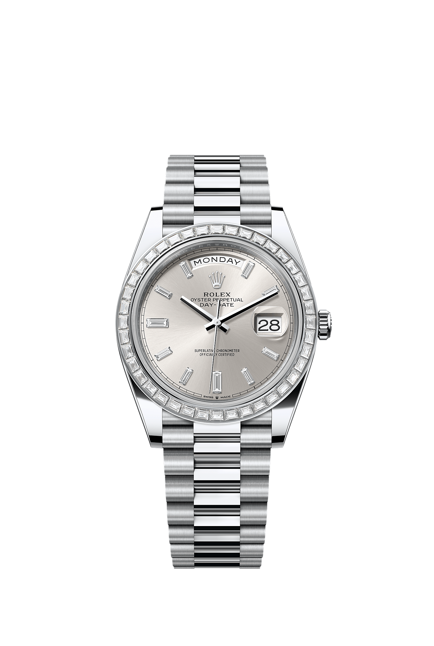星期日历型 40, 蚝式，40毫米，钻石及铂金, 表盘 : 银色，镶钻石, Rolex