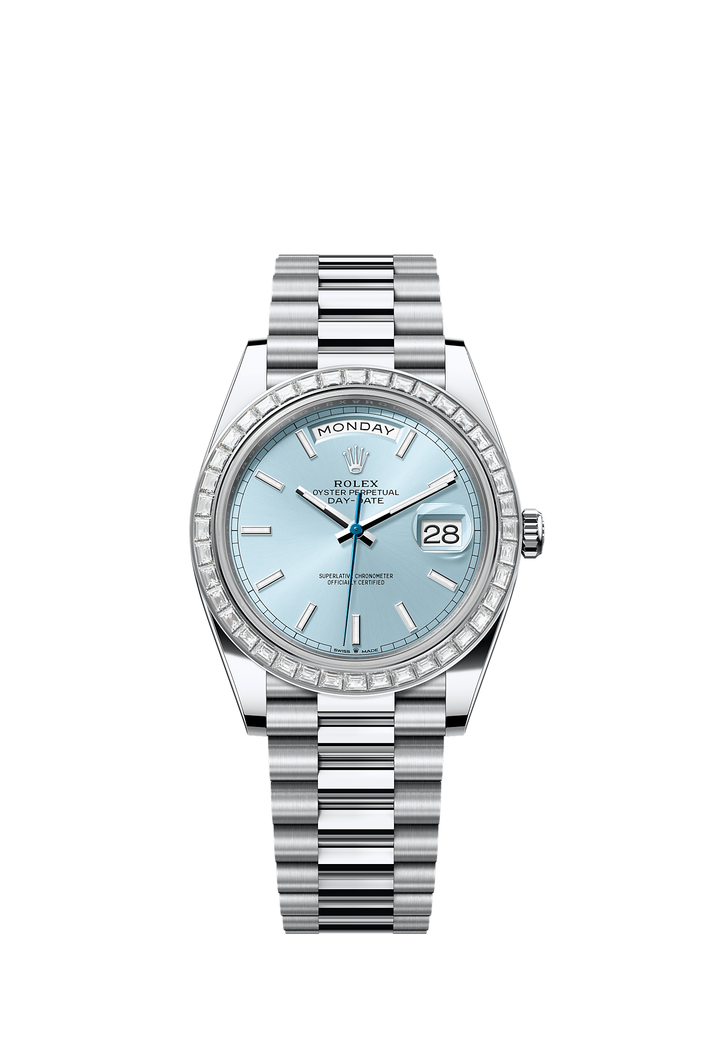 星期日历型 40, 蚝式，40毫米，钻石及铂金, 表盘 : 冰蓝色, Rolex