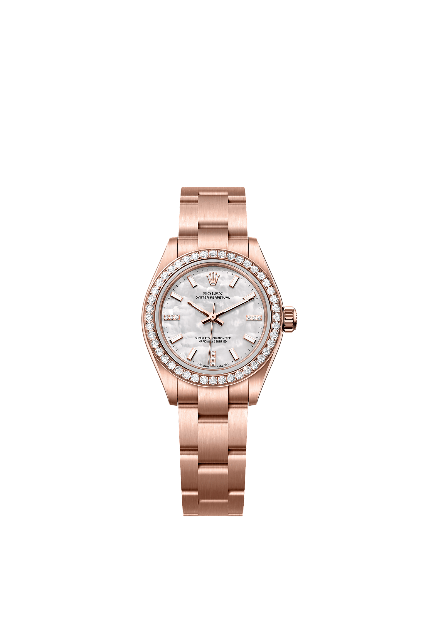 Oyster Perpetual 28, Oyster, 28 mm, Everose gold and diamonds, Dial : White mother-of-pearl set with diamonds, Rolex