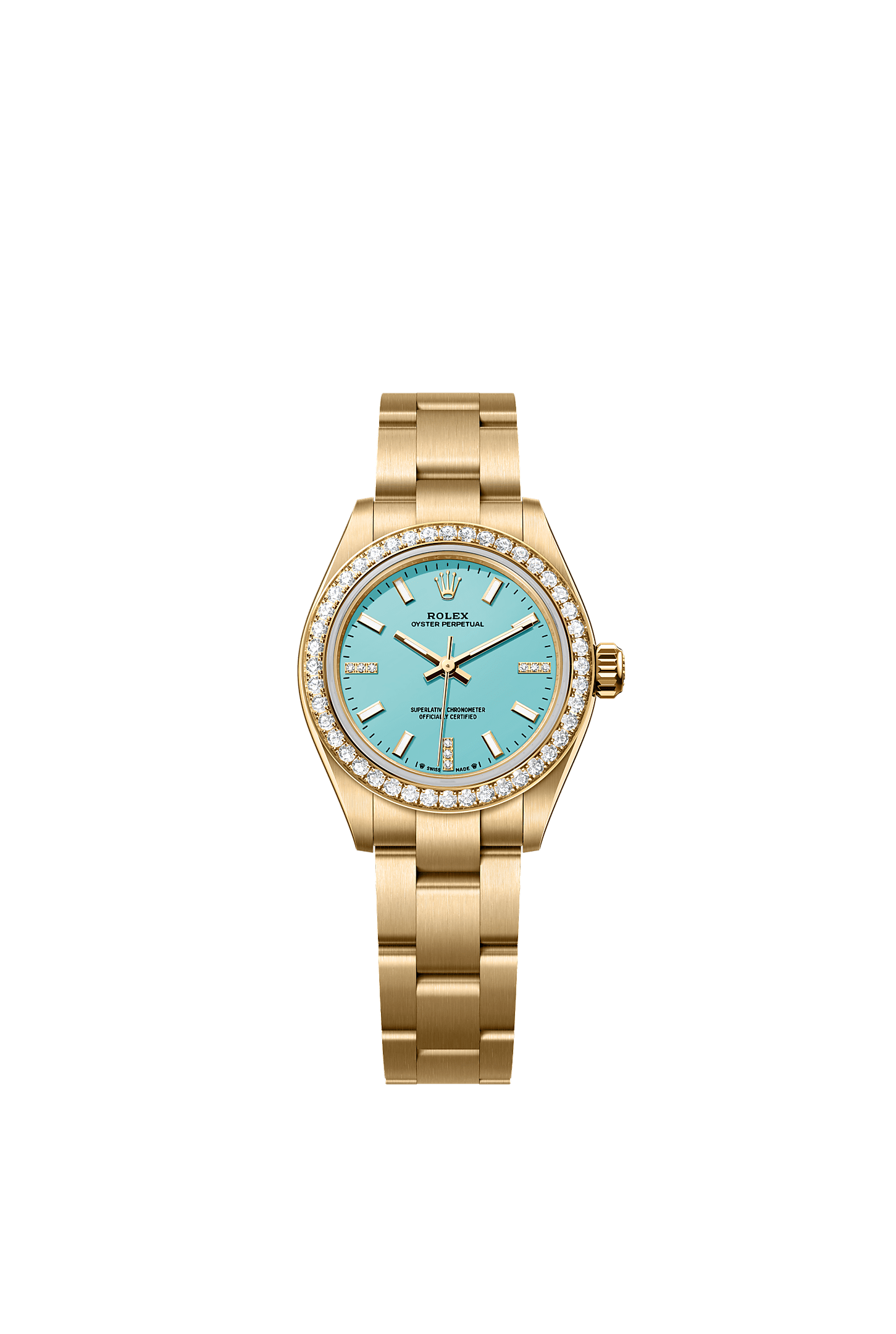 Oyster Perpetual 28, Oyster, 28 mm, yellow gold and diamonds, Dial : Turquoise blue set with diamonds, Rolex