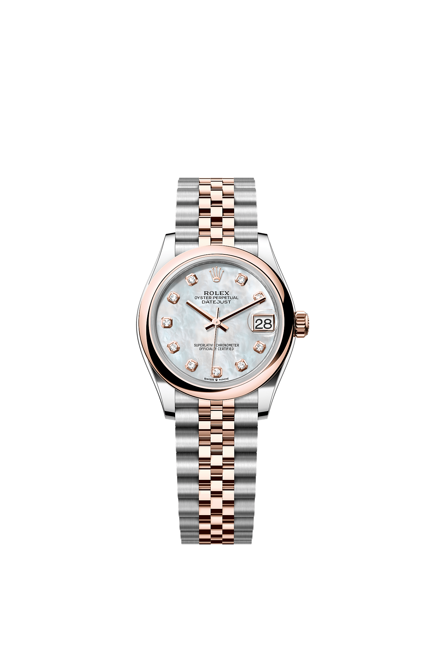 Datejust 31, Oyster, 31 mm, Oystersteel and Everose gold, Dial : White mother-of-pearl set with diamonds, Rolex
