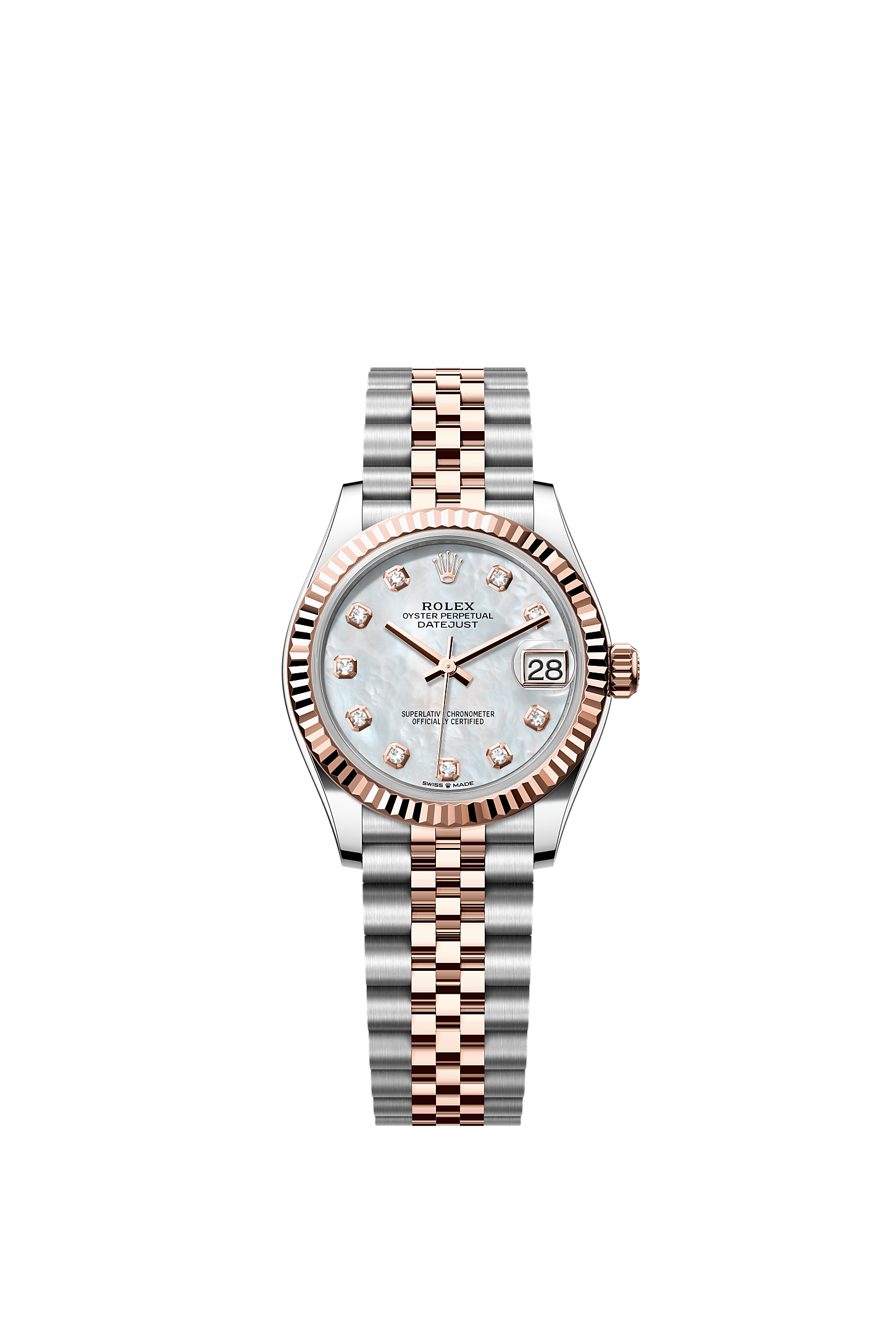 Datejust 31, Oyster, 31 mm, Oystersteel and Everose gold, Dial : White mother-of-pearl set with diamonds, Rolex