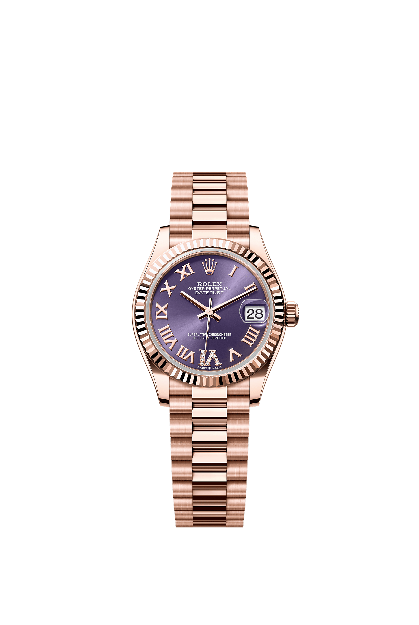 Datejust 31, Oyster, 31 mm, Everose gold, Dial : Aubergine set with diamonds, Rolex
