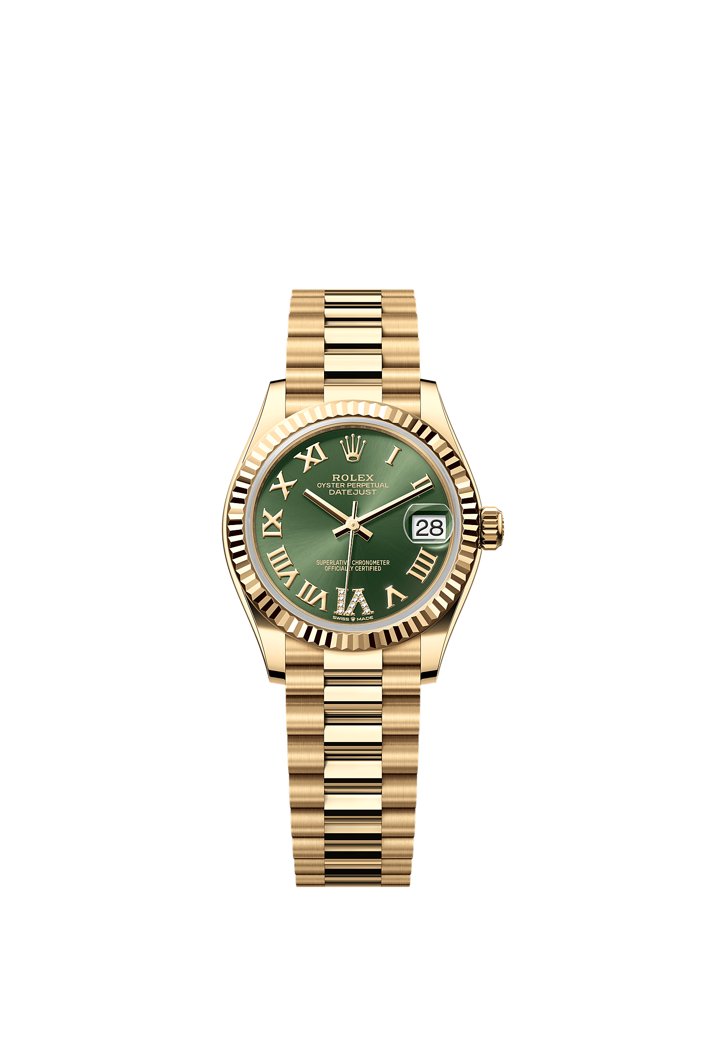 Datejust 31, Oyster, 31 mm, yellow gold, Dial : Olive green set with diamonds, Rolex