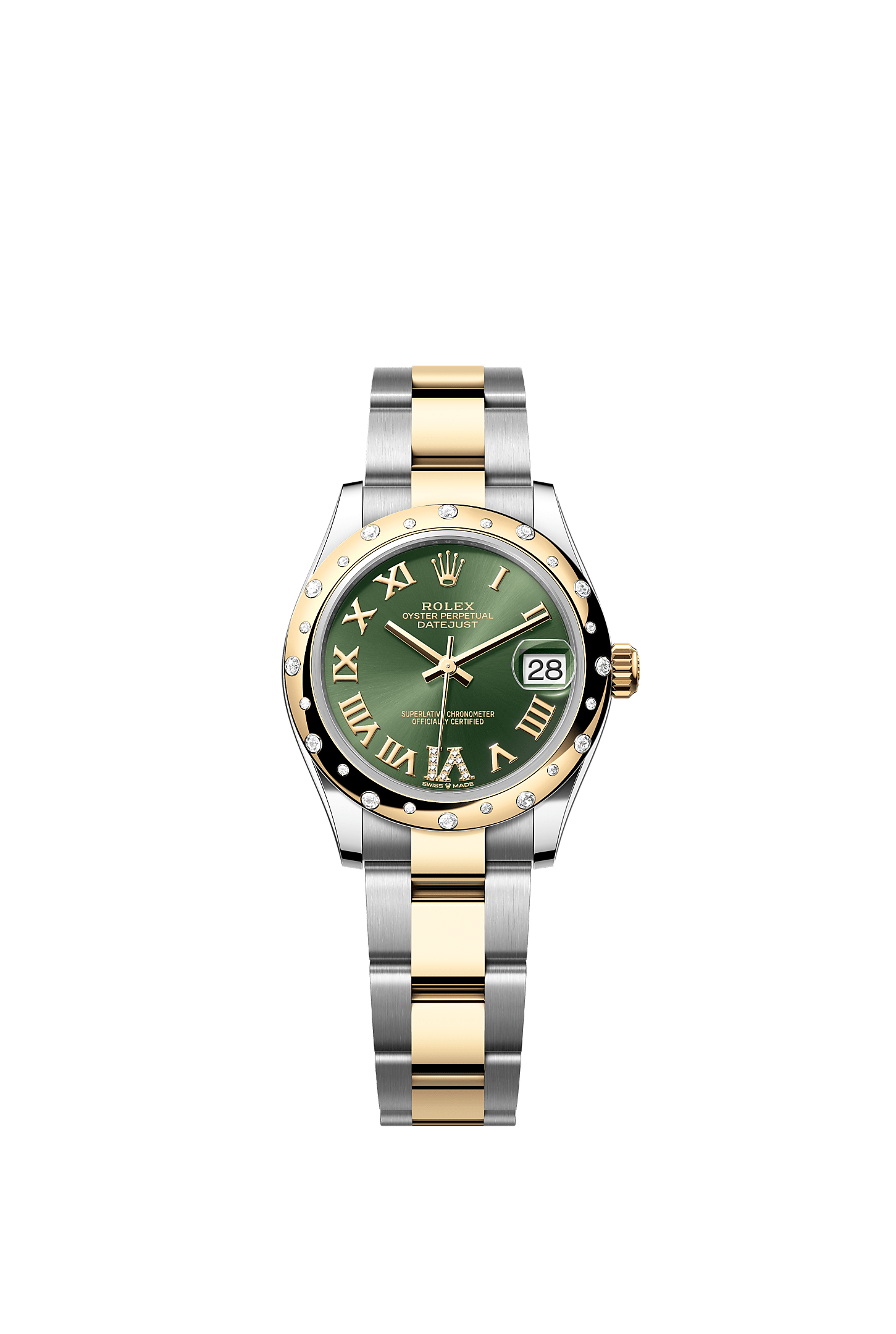 Datejust 31, Oyster, 31 mm, Oystersteel, yellow gold and diamonds, Dial : Olive green set with diamonds, Rolex
