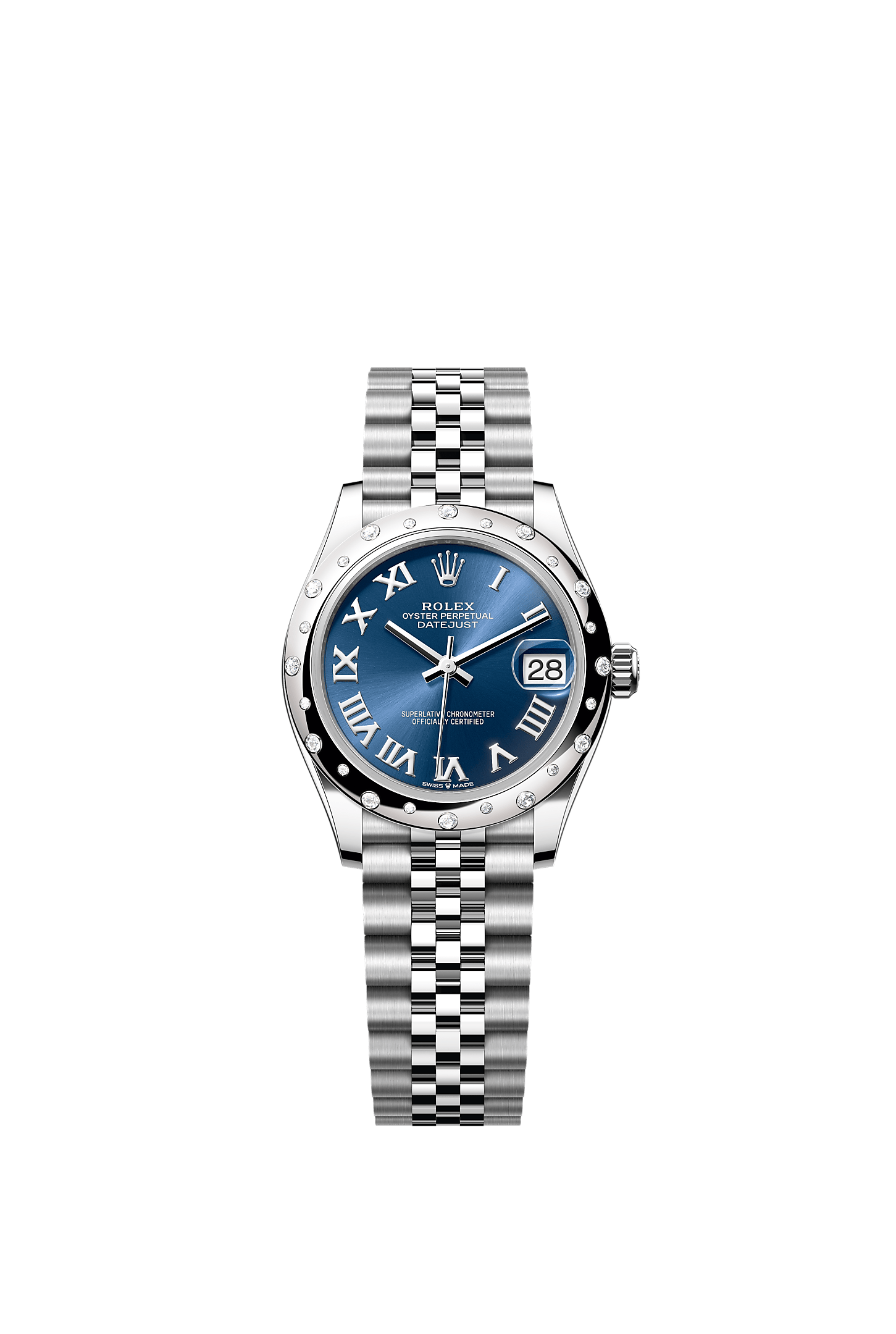 日志型 31, 蚝式，31毫米，钻石、白色黄金及蚝式钢, 表盘 : 亮蓝色, Rolex