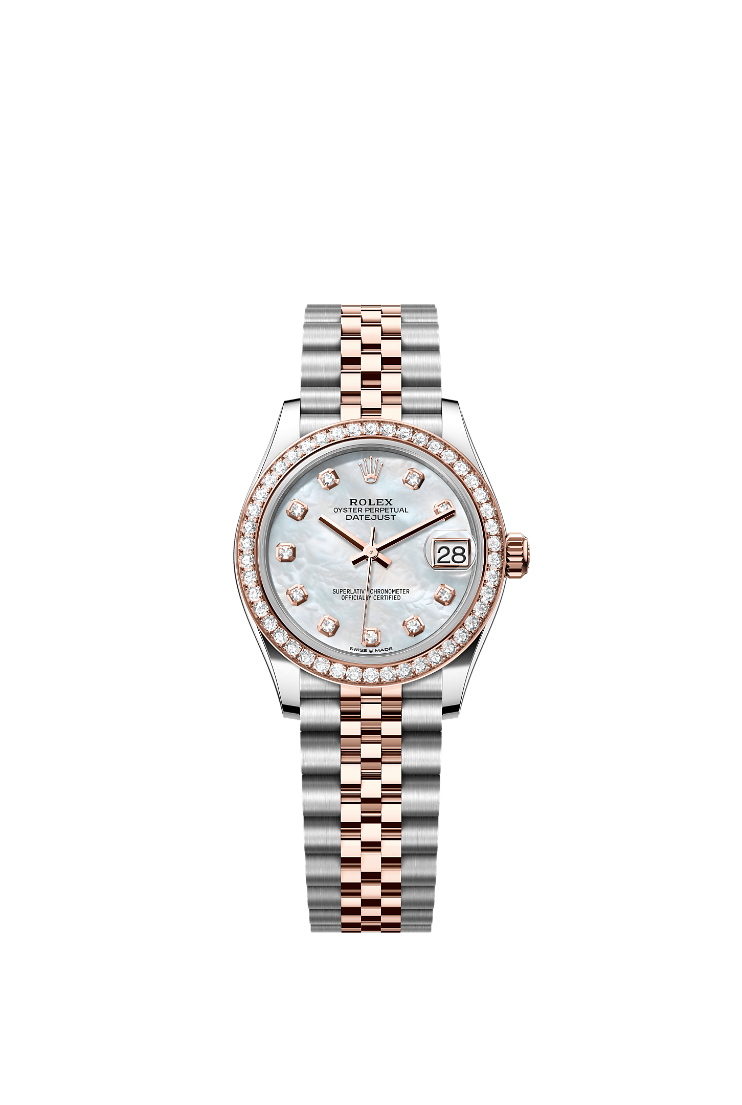 Datejust 31, Oyster, 31 mm, Oystersteel, Everose gold and diamonds, Dial : White mother-of-pearl set with diamonds, Rolex
