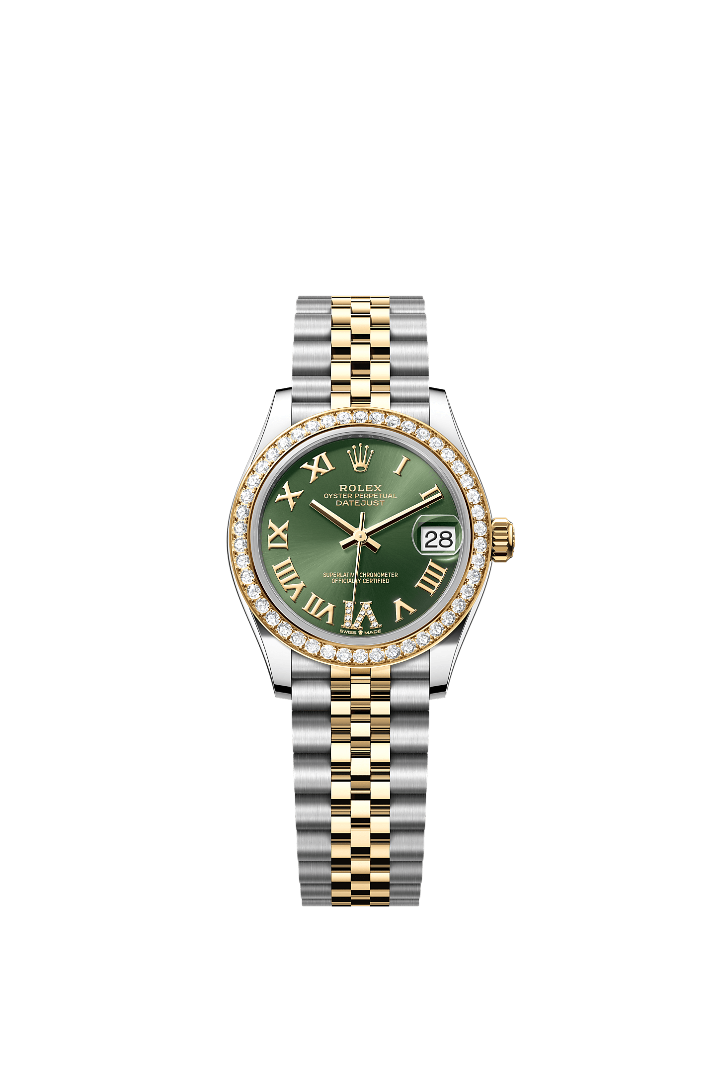 Datejust 31, Oyster, 31 mm, Oystersteel, yellow gold and diamonds, Dial : Olive green set with diamonds, Rolex