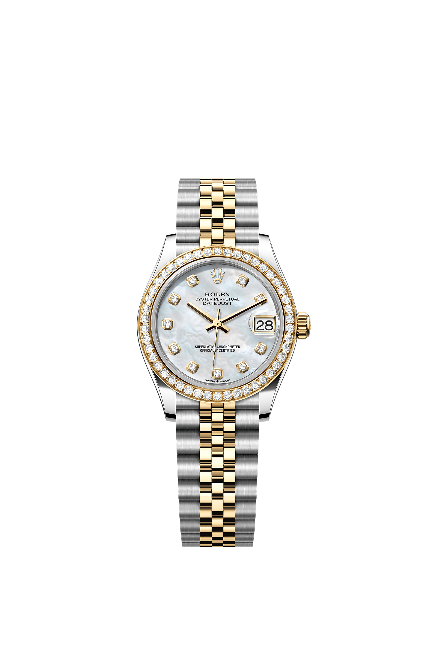 Datejust 31, Oyster, 31 mm, Oystersteel, yellow gold and diamonds, Dial : White mother-of-pearl set with diamonds, Rolex