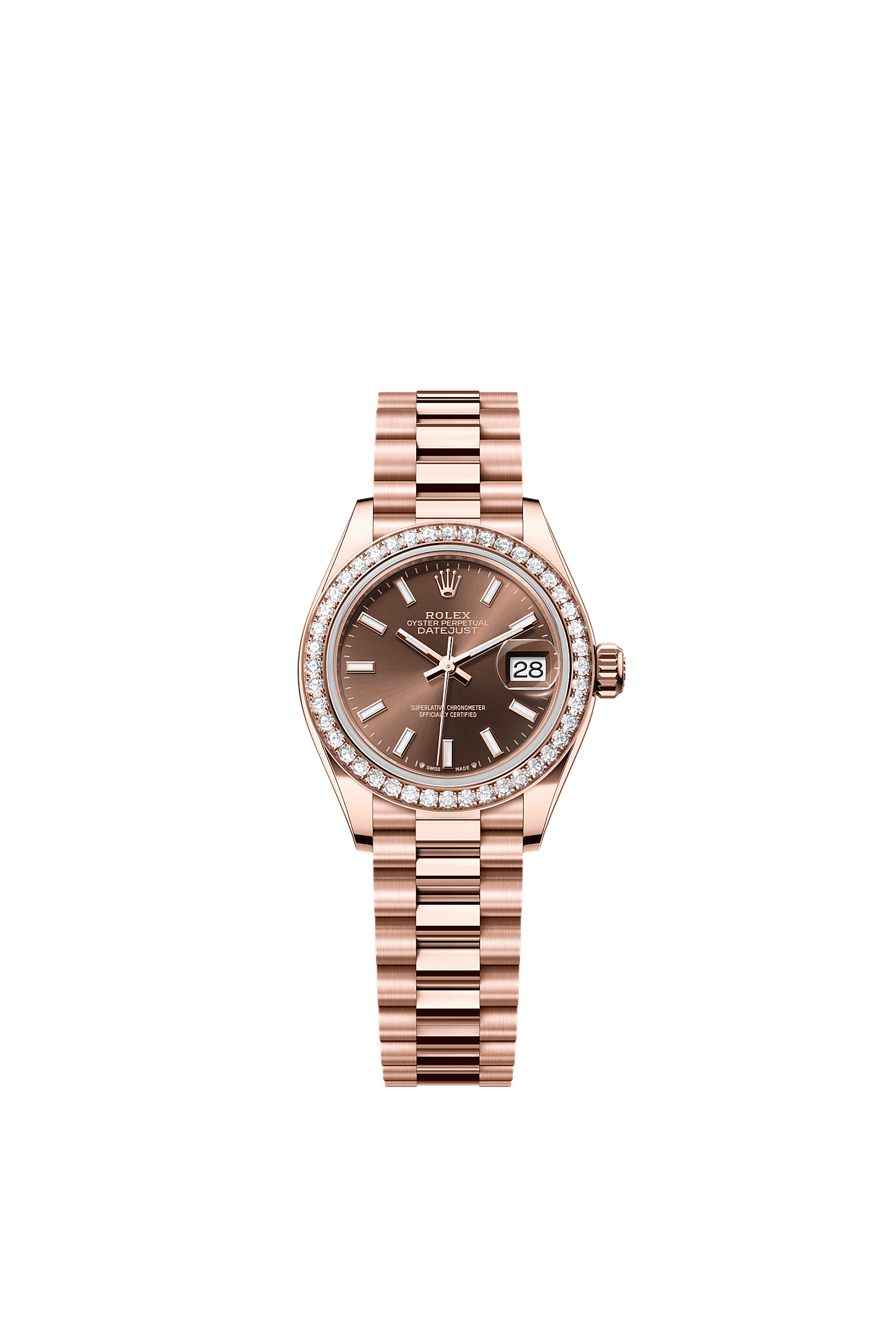 女装日志型, 蚝式，28毫米，钻石及永恒玫瑰金, 表盘 : 巧克力色, Rolex