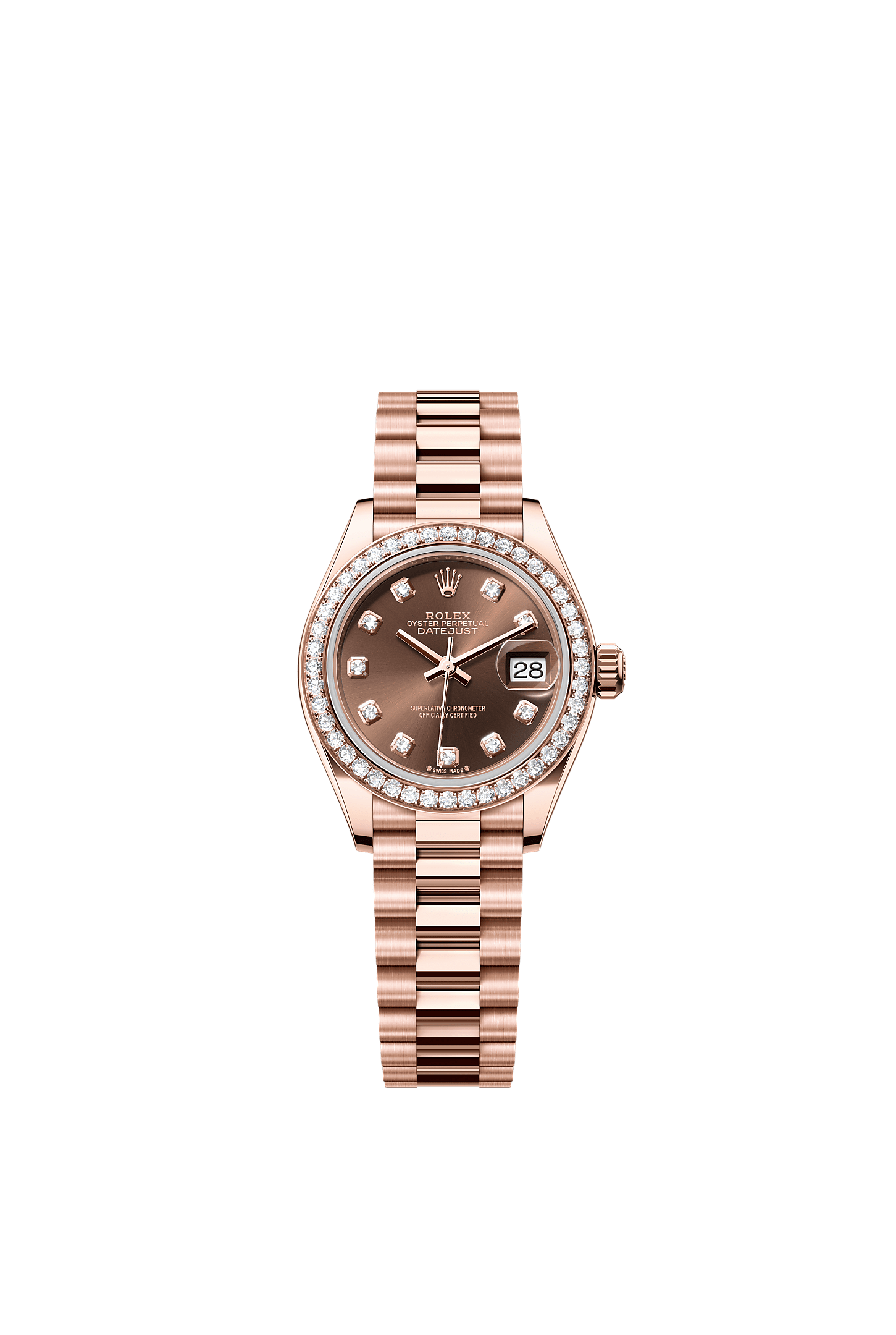 Lady-Datejust, Oyster, 28 mm, Everose gold and diamonds, Dial : Chocolate set with diamonds, Rolex