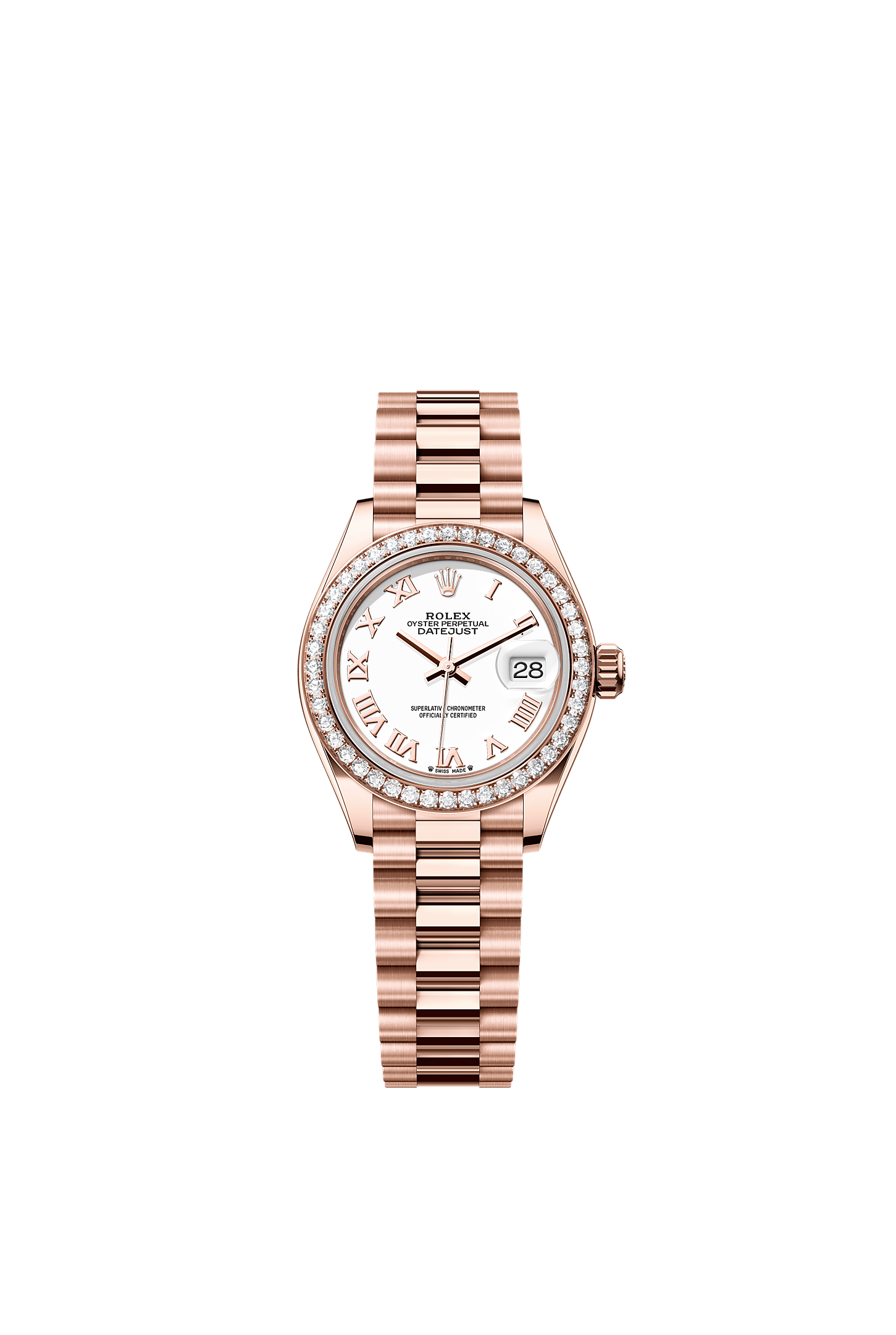 Lady-Datejust, Oyster, 28 mm, Everose gold and diamonds, Dial : White, Rolex