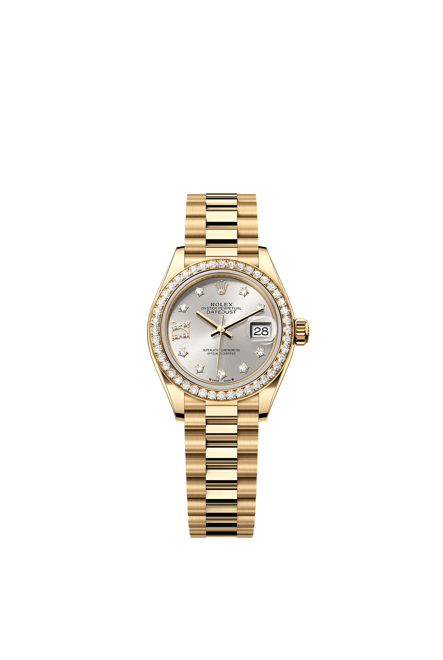女装日志型, 蚝式，28毫米，钻石及黄金, 表盘 : 银色，镶钻石, Rolex