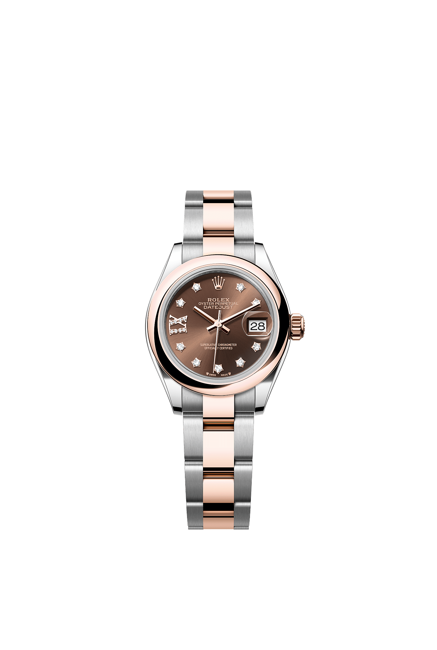 Lady-Datejust, Oyster, 28 mm, Oystersteel and Everose gold, Dial : Chocolate set with diamonds, Rolex