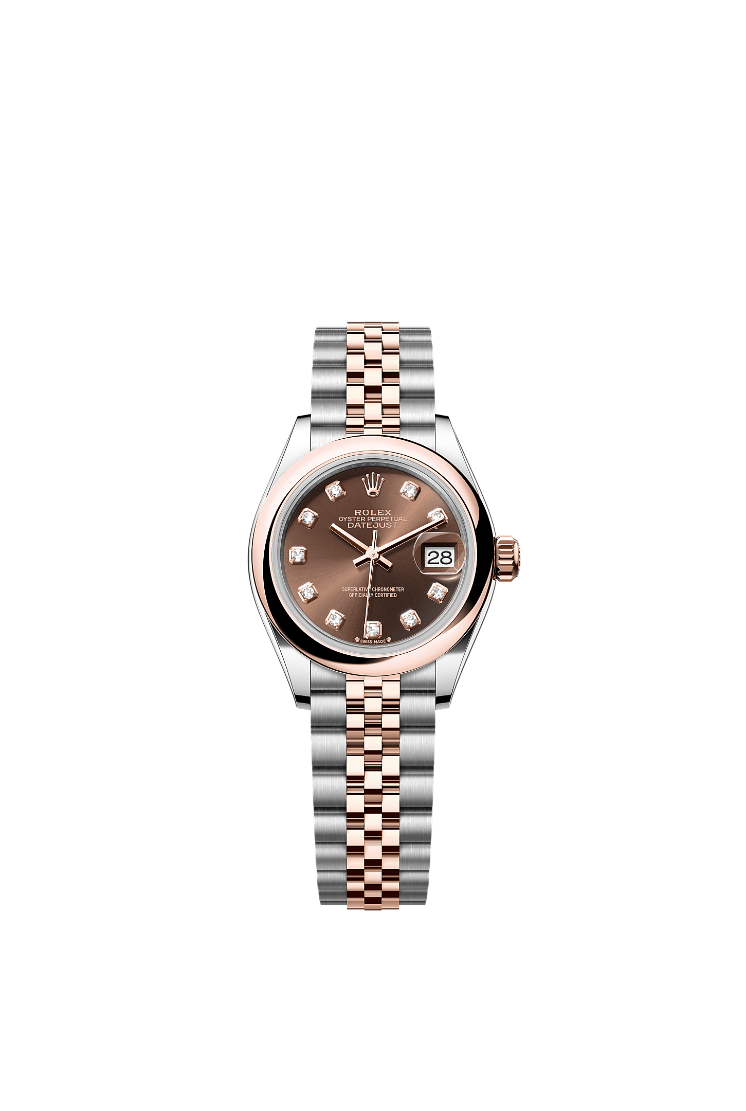 Lady-Datejust, Oyster, 28 mm, Oystersteel and Everose gold, Dial : Chocolate set with diamonds, Rolex