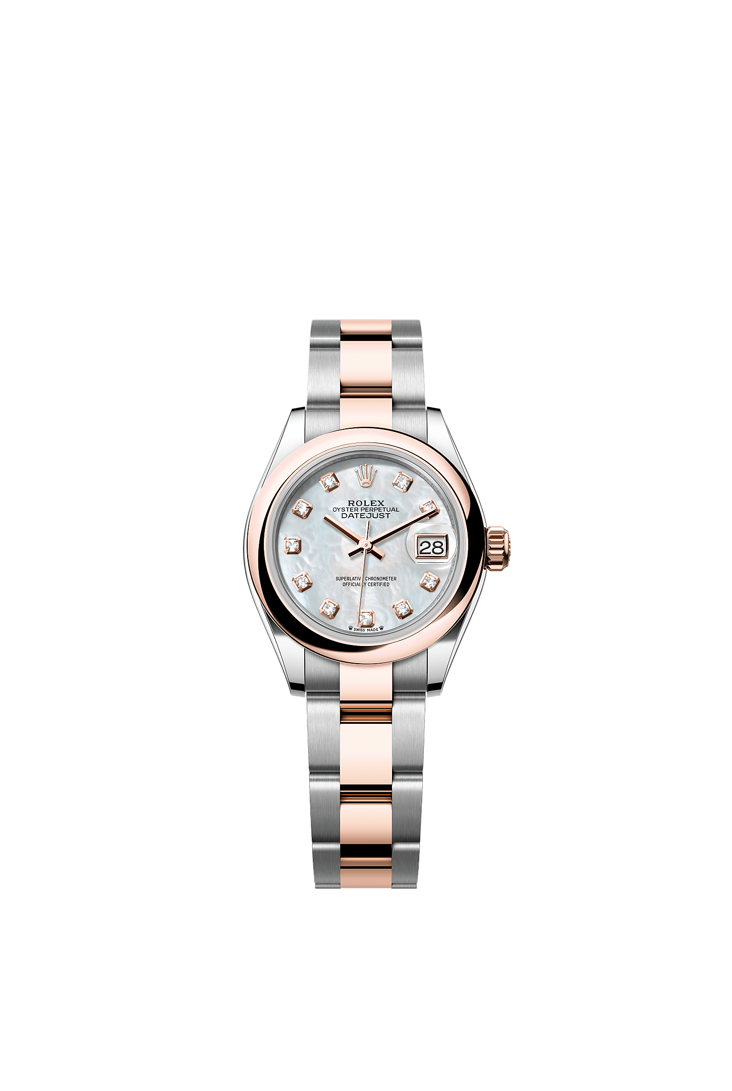 Lady-Datejust, Oyster, 28 mm, Oystersteel and Everose gold, Dial : White mother-of-pearl set with diamonds, Rolex