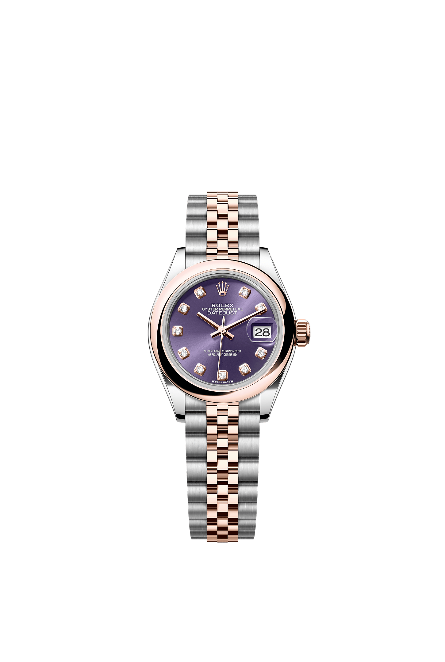 Lady-Datejust, Oyster, 28 mm, Oystersteel and Everose gold, Dial : Aubergine set with diamonds, Rolex