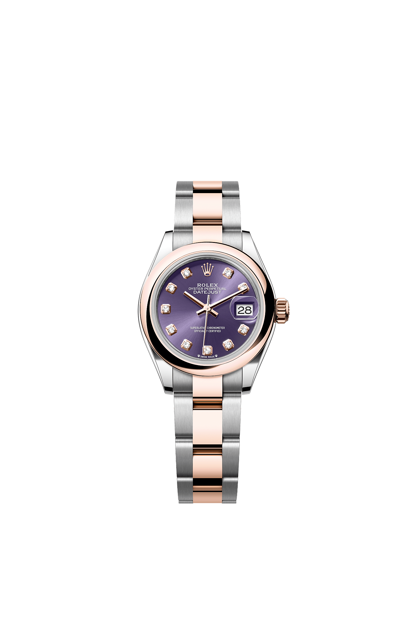 Lady-Datejust, Oyster, 28 mm, Oystersteel and Everose gold, Dial : Aubergine set with diamonds, Rolex