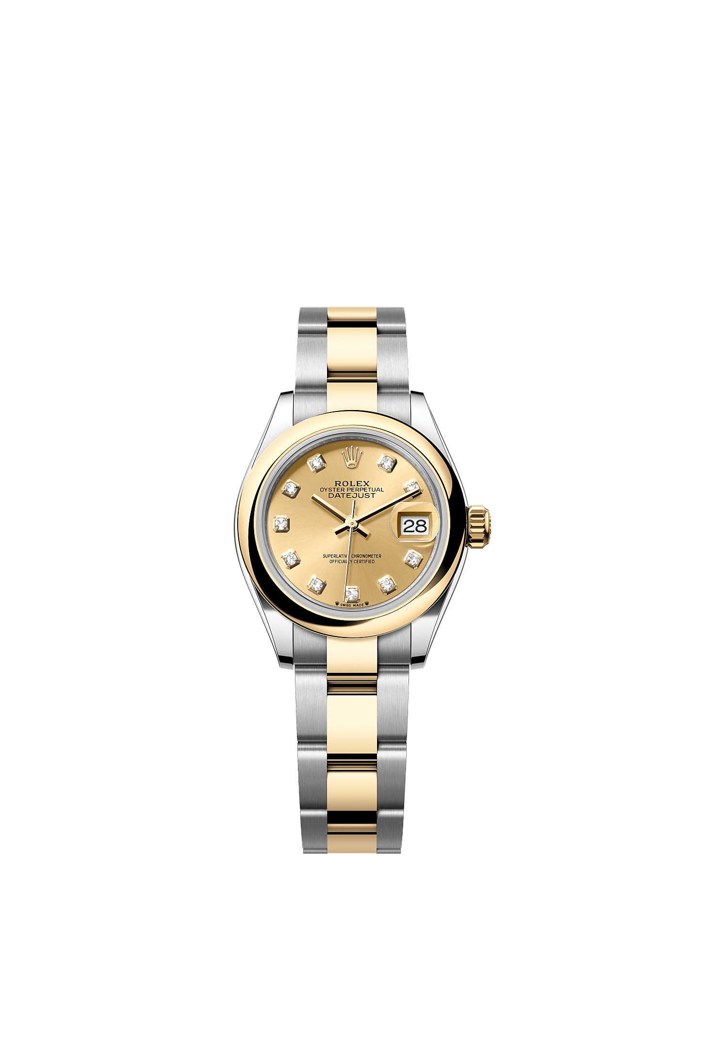Lady-Datejust, Oyster, 28 mm, Oystersteel and yellow gold, Dial : Champagne-colour set with diamonds, Rolex