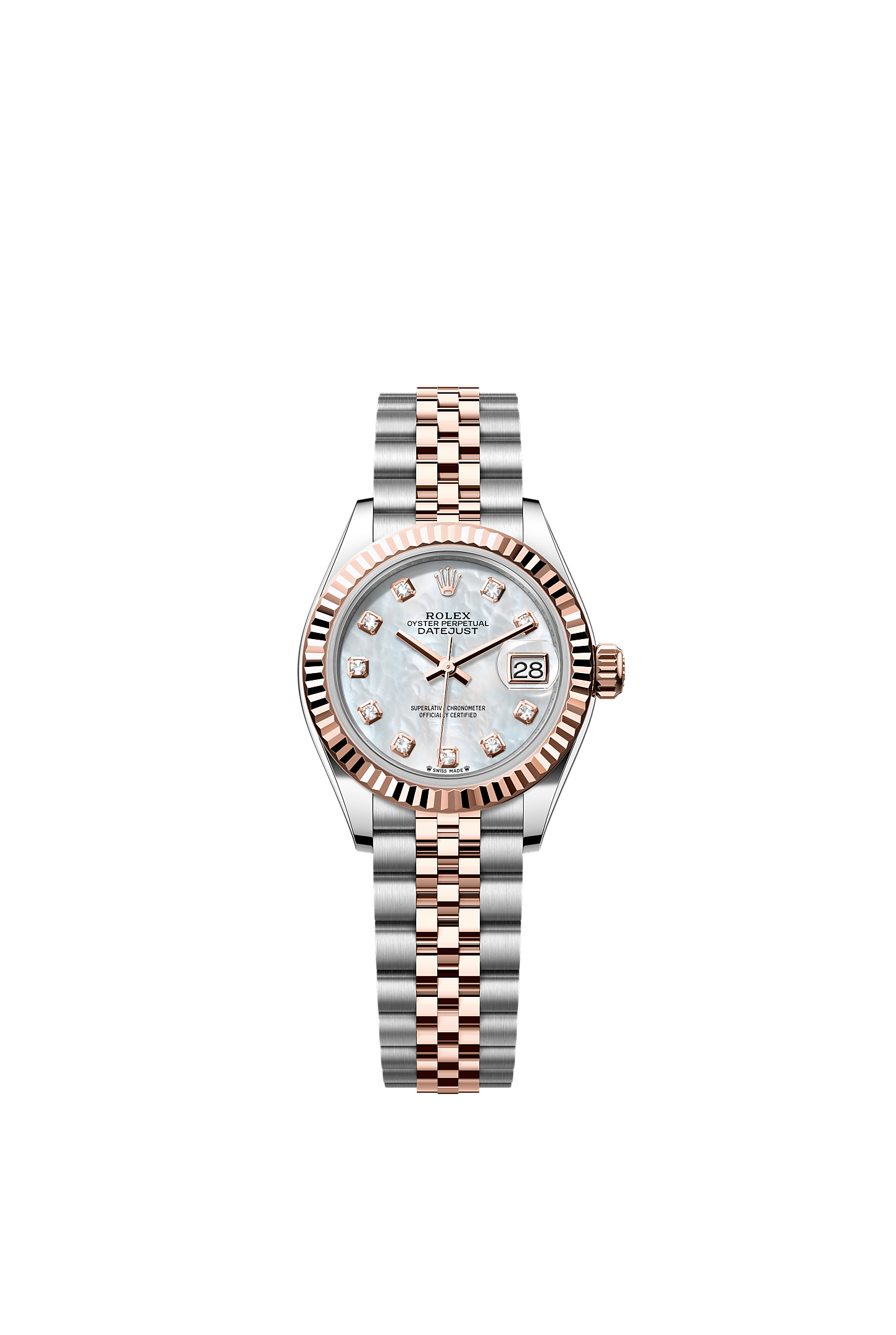 Lady-Datejust, Oyster, 28 mm, Oystersteel and Everose gold, Dial : White mother-of-pearl set with diamonds, Rolex