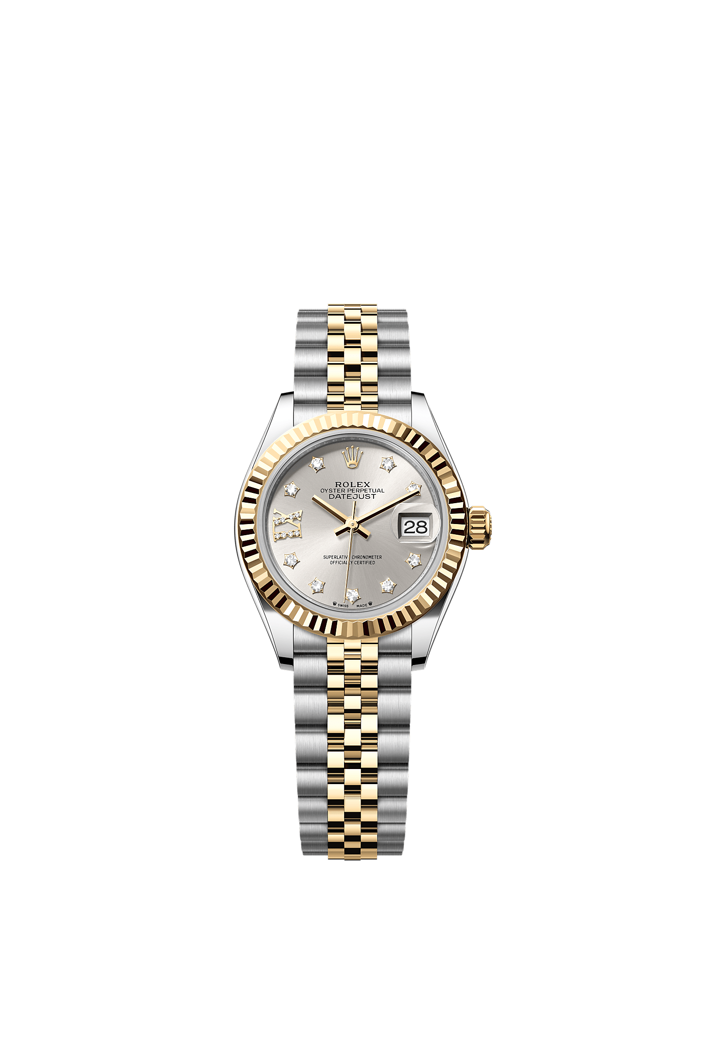 Lady-Datejust, Oyster, 28 mm, Oystersteel and yellow gold, Dial : Silver set with diamonds, Rolex