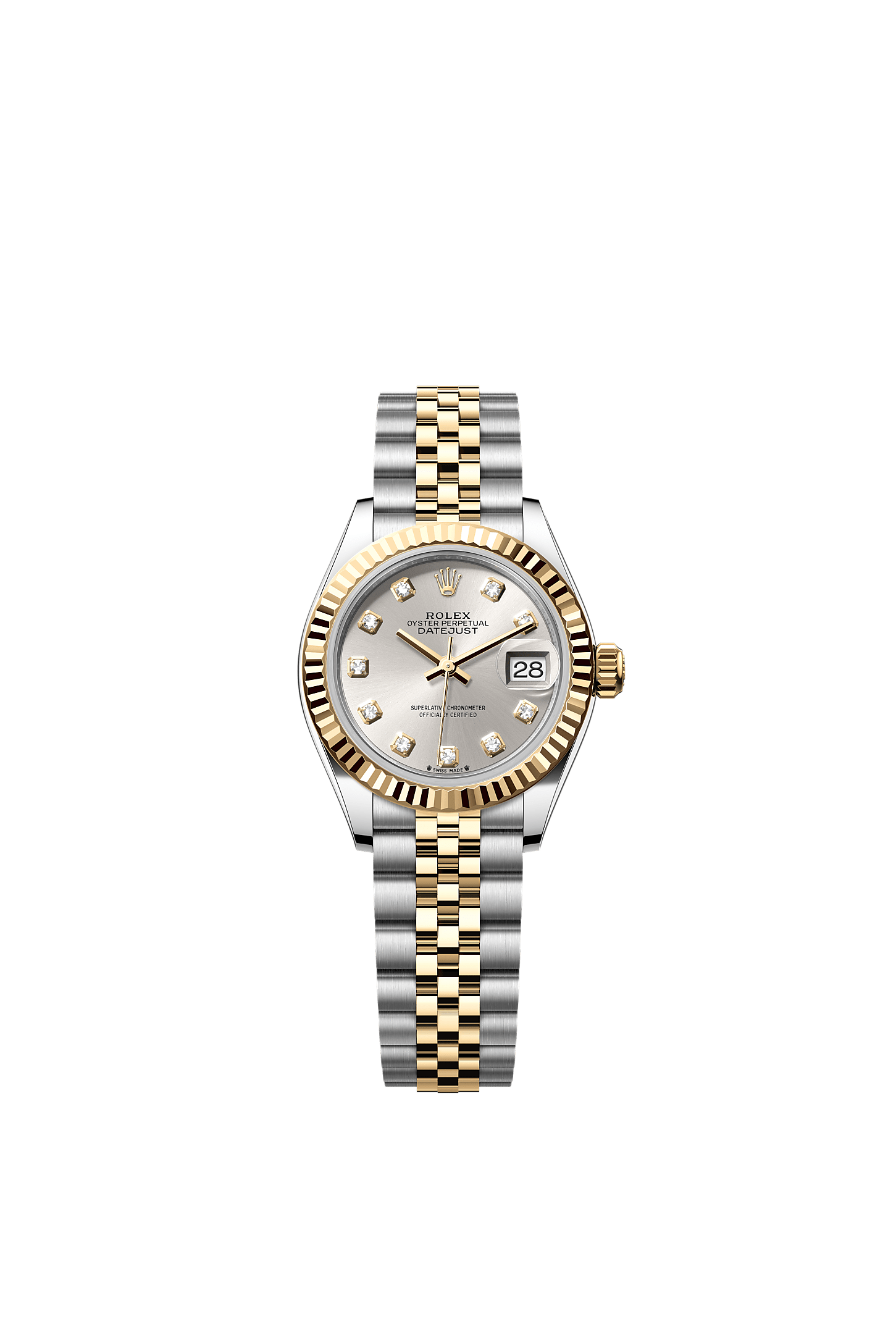 Lady-Datejust, Oyster, 28 mm, Oystersteel and yellow gold, Dial : Silver set with diamonds, Rolex