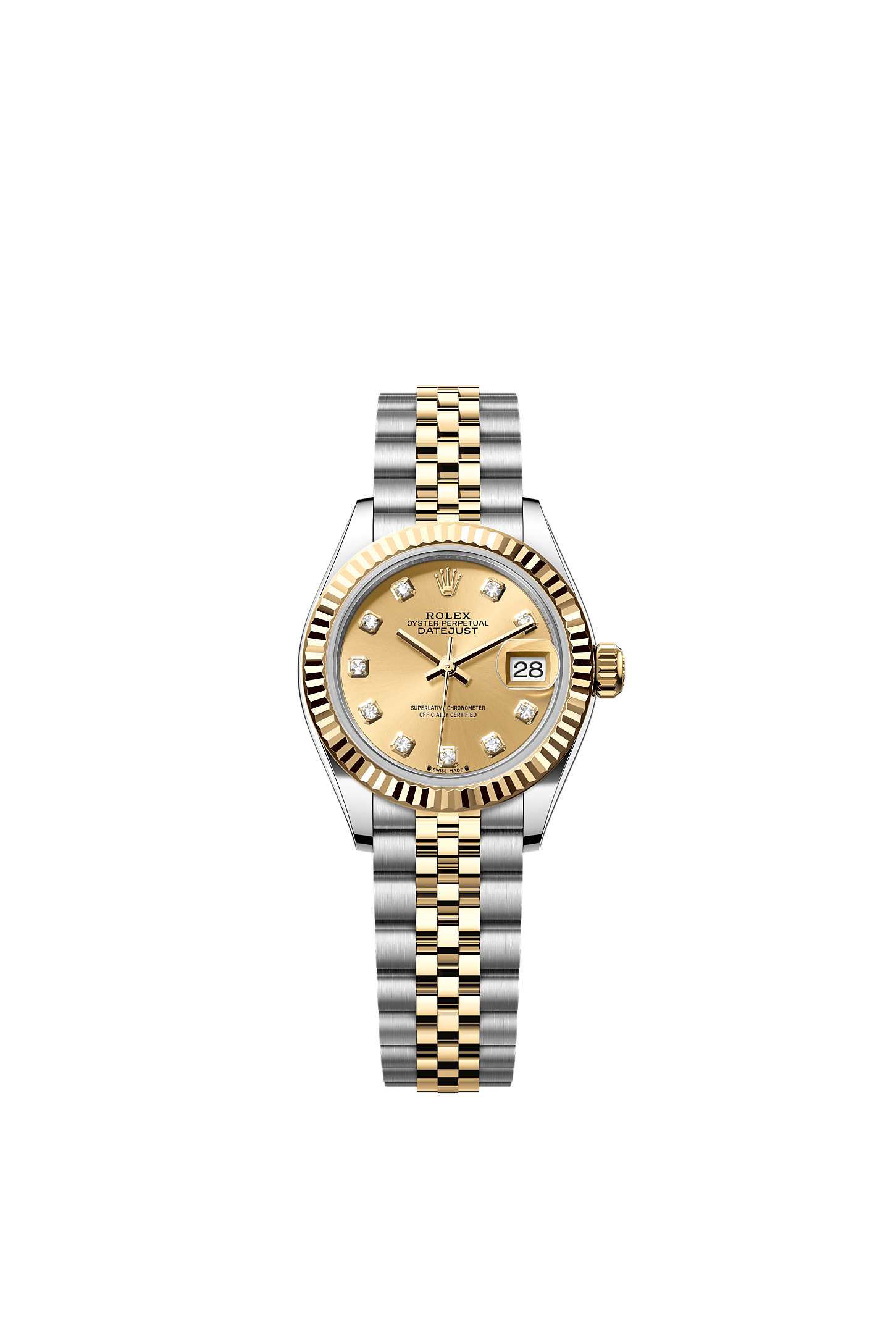 Lady-Datejust, Oyster, 28 mm, Oystersteel and yellow gold, Dial : Champagne-colour set with diamonds, Rolex