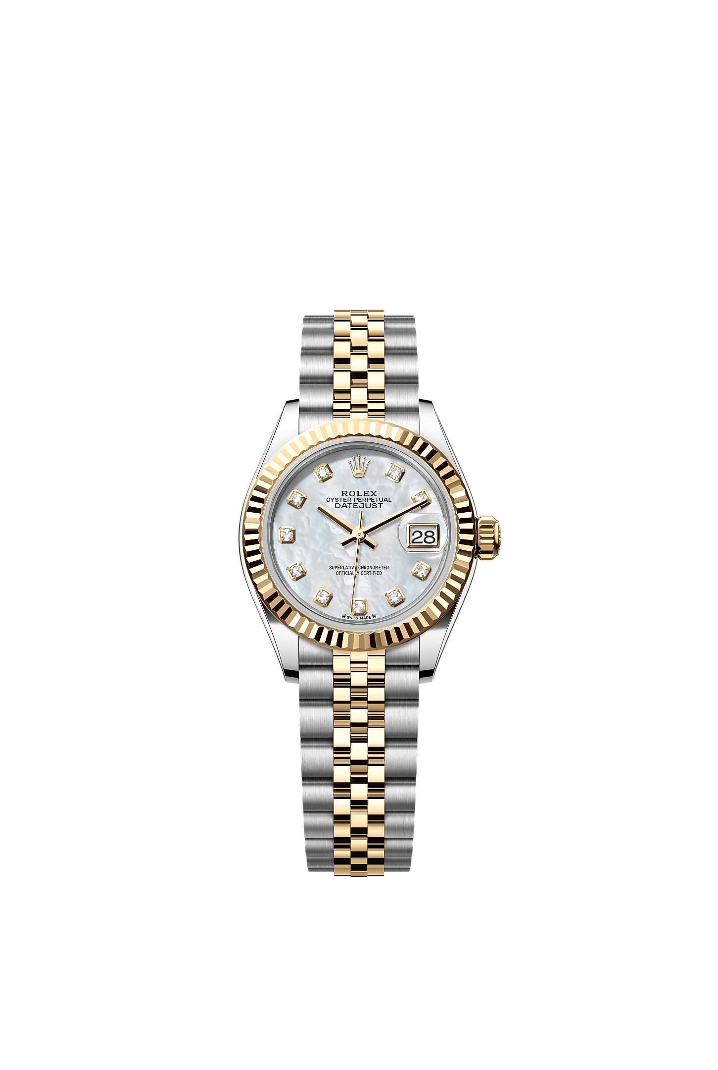 Lady-Datejust, Oyster, 28 mm, Oystersteel and yellow gold, Dial : White mother-of-pearl set with diamonds, Rolex