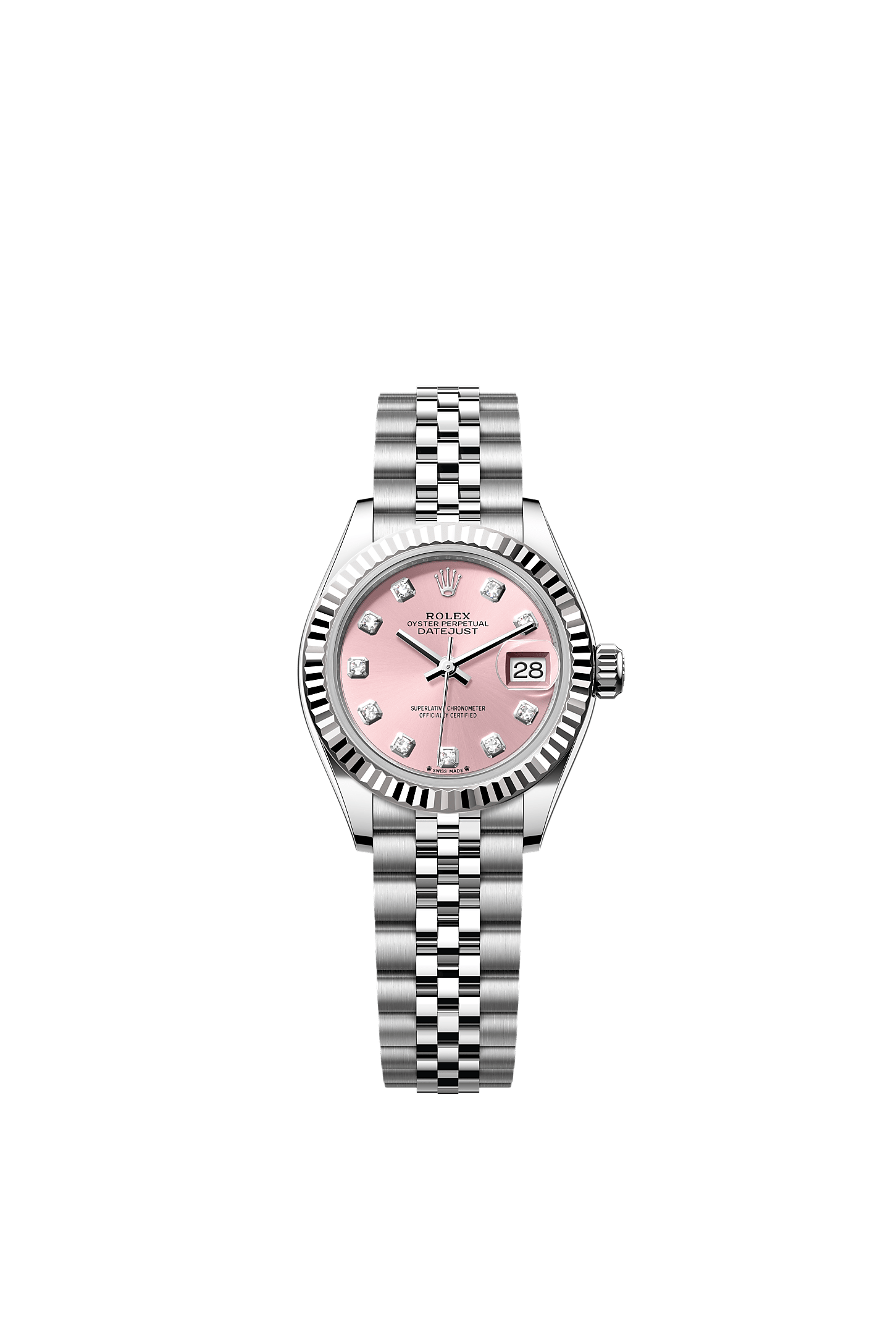 Lady-Datejust, Oyster, 28 mm, Oystersteel and white gold, Dial : Pink set with diamonds, Rolex