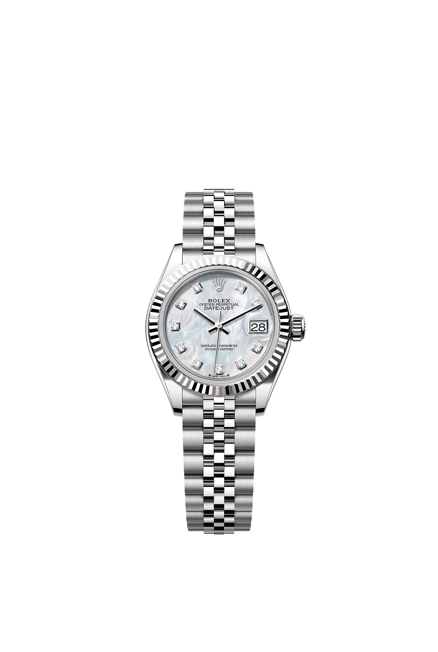 Lady-Datejust, Oyster, 28 mm, Oystersteel and white gold, Dial : White mother-of-pearl set with diamonds, Rolex