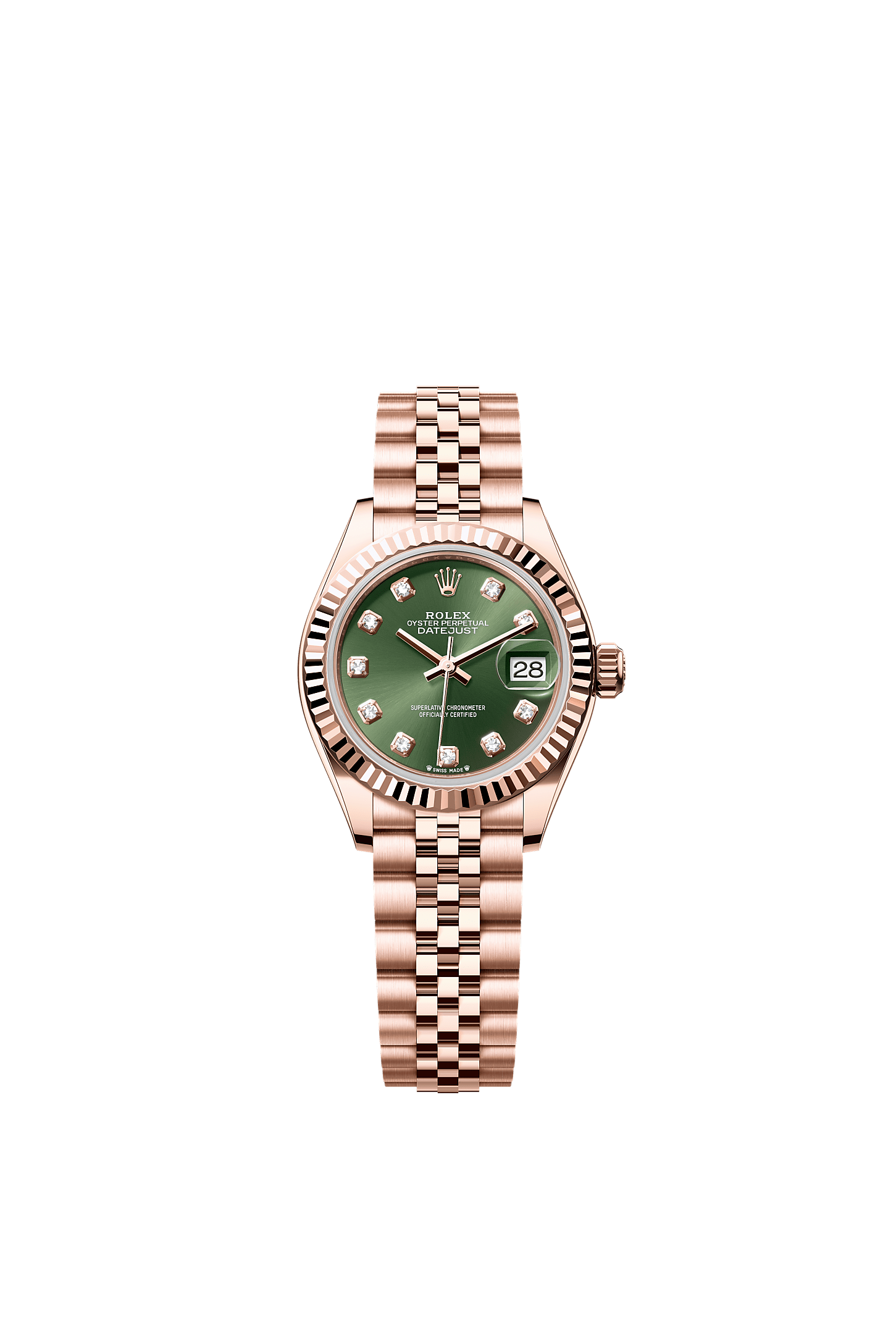 Lady-Datejust, Oyster, 28 mm, Everose gold, Dial : Olive green set with diamonds, Rolex